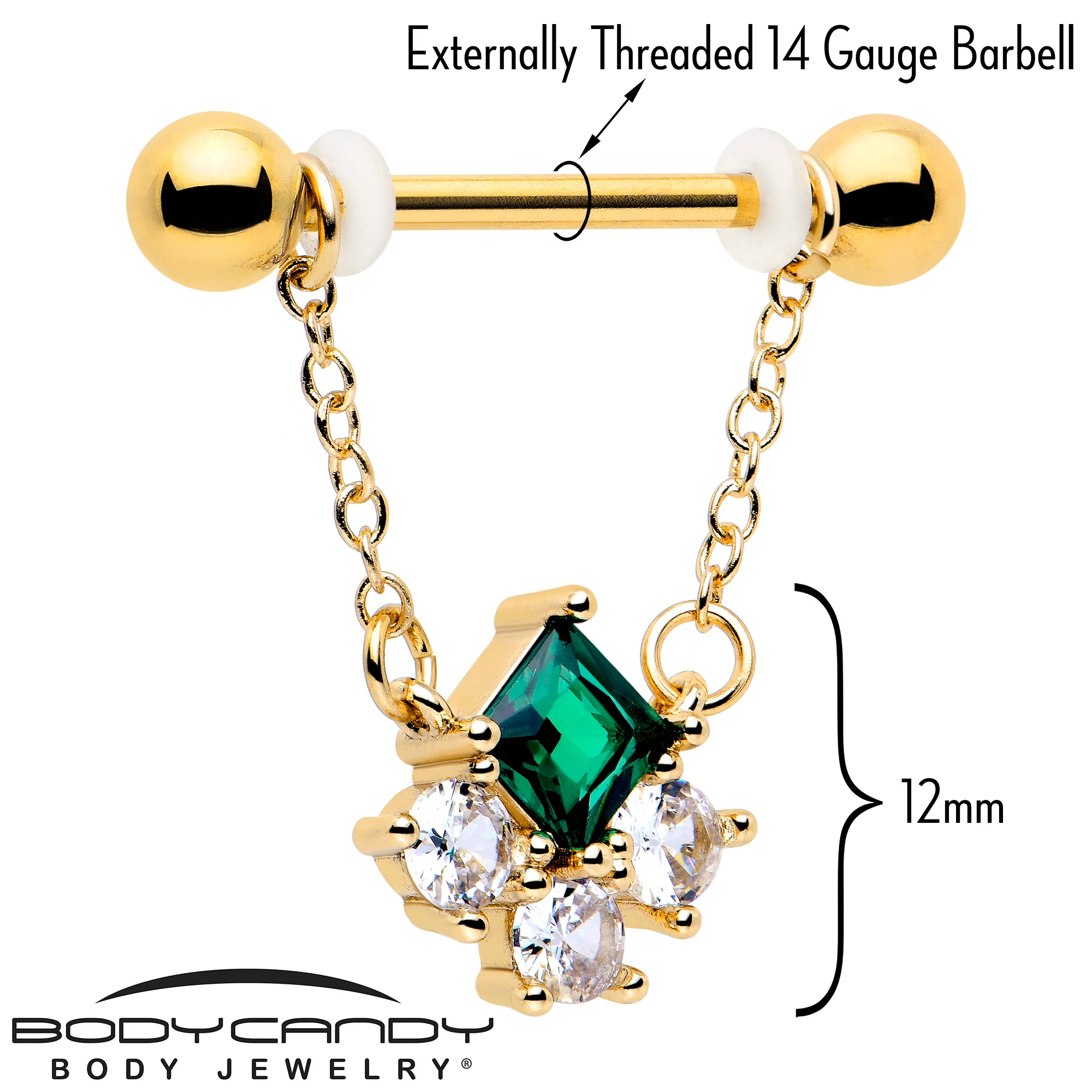 14G 9/16 Green CZ Gem Gold Tone Rhombus Riot Dangle Nipple Ring Set - Image 3