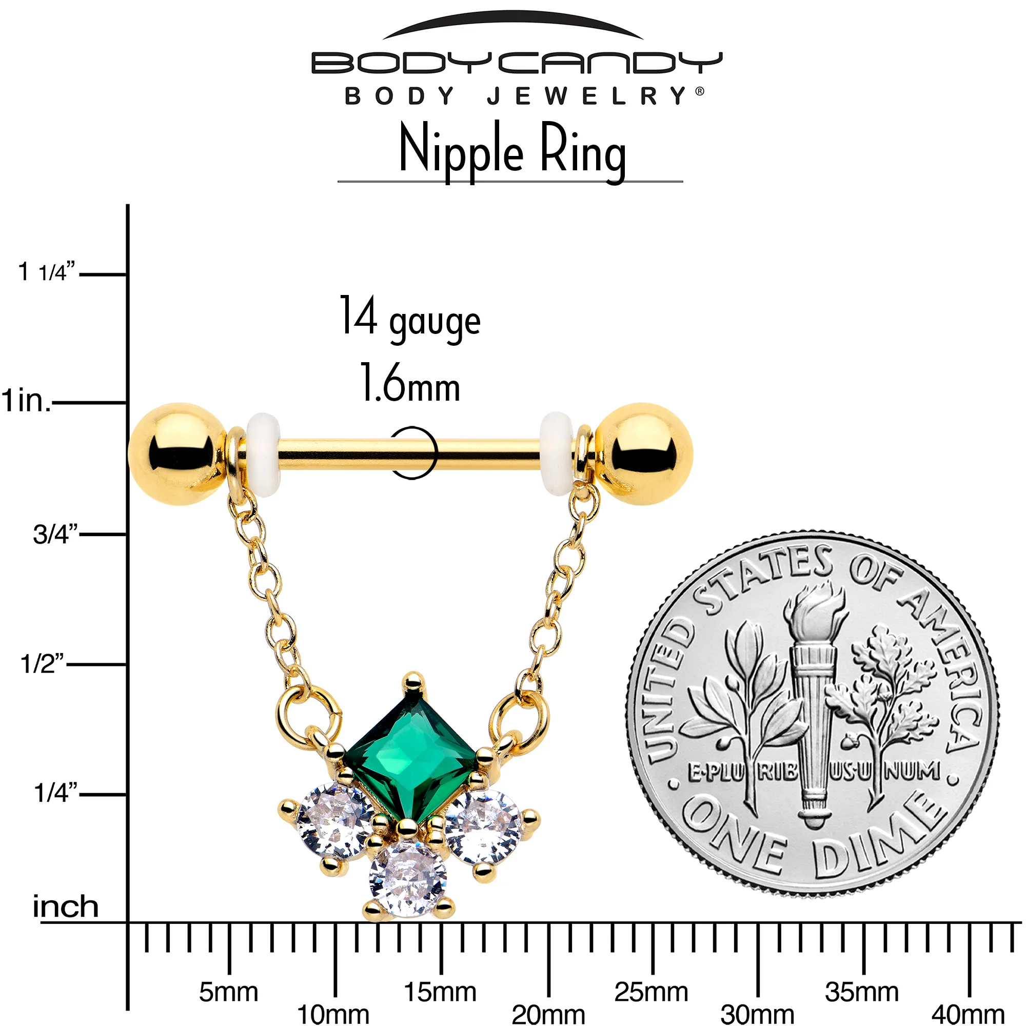 14G 9/16 Green CZ Gem Gold Tone Rhombus Riot Dangle Nipple Ring Set - Image 4