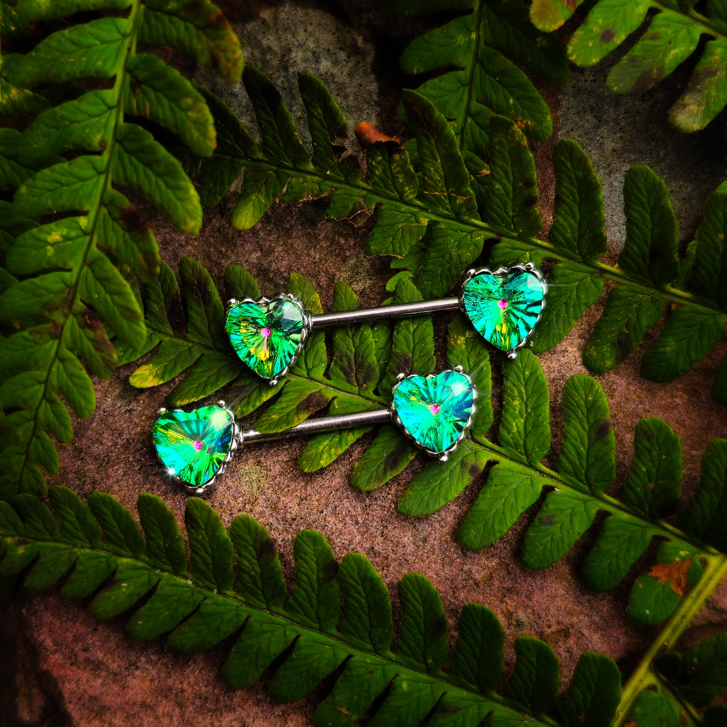 14G 9/16 Green CZ Gem Heart Valentines Day Nipple Ring Set - Image 2