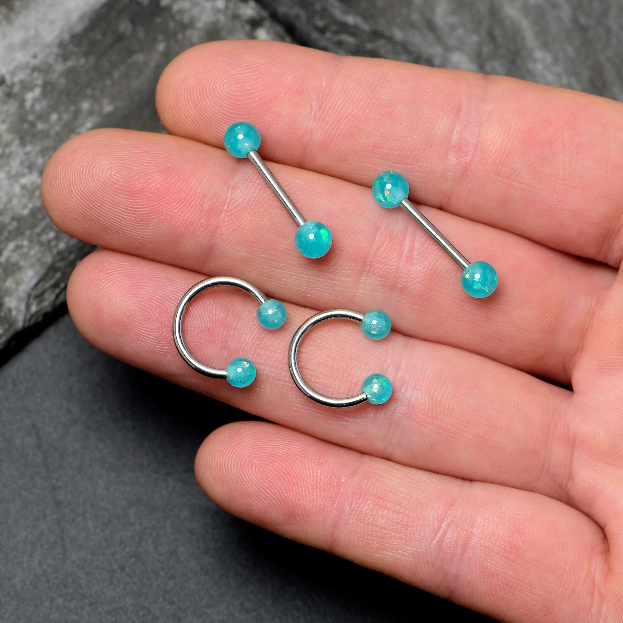 14G 9/16 Green Faux Opal Horseshoe Barbell Nipple Ring Set of 4 - Image 4