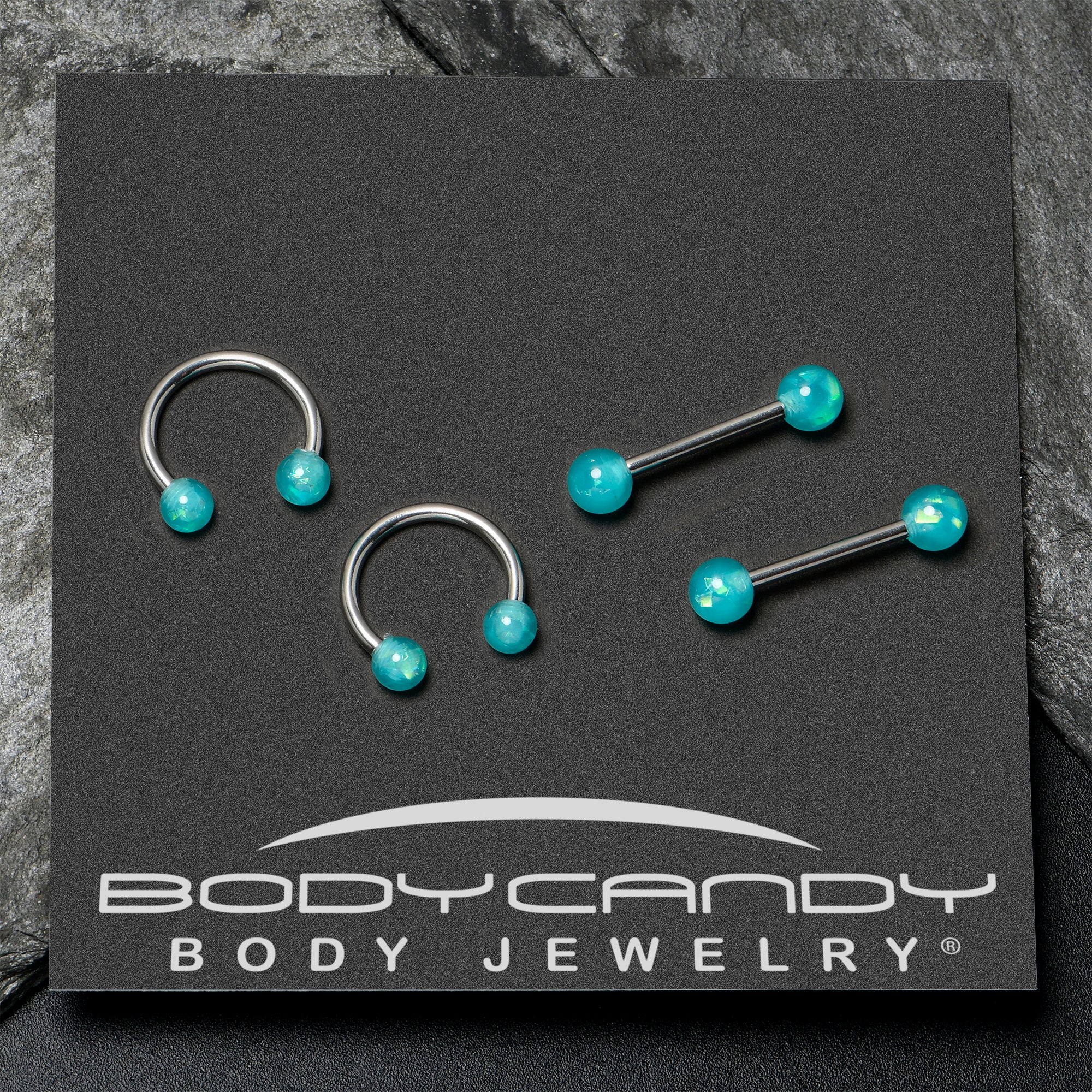 14G 9/16 Green Faux Opal Horseshoe Barbell Nipple Ring Set of 4 - Image 6