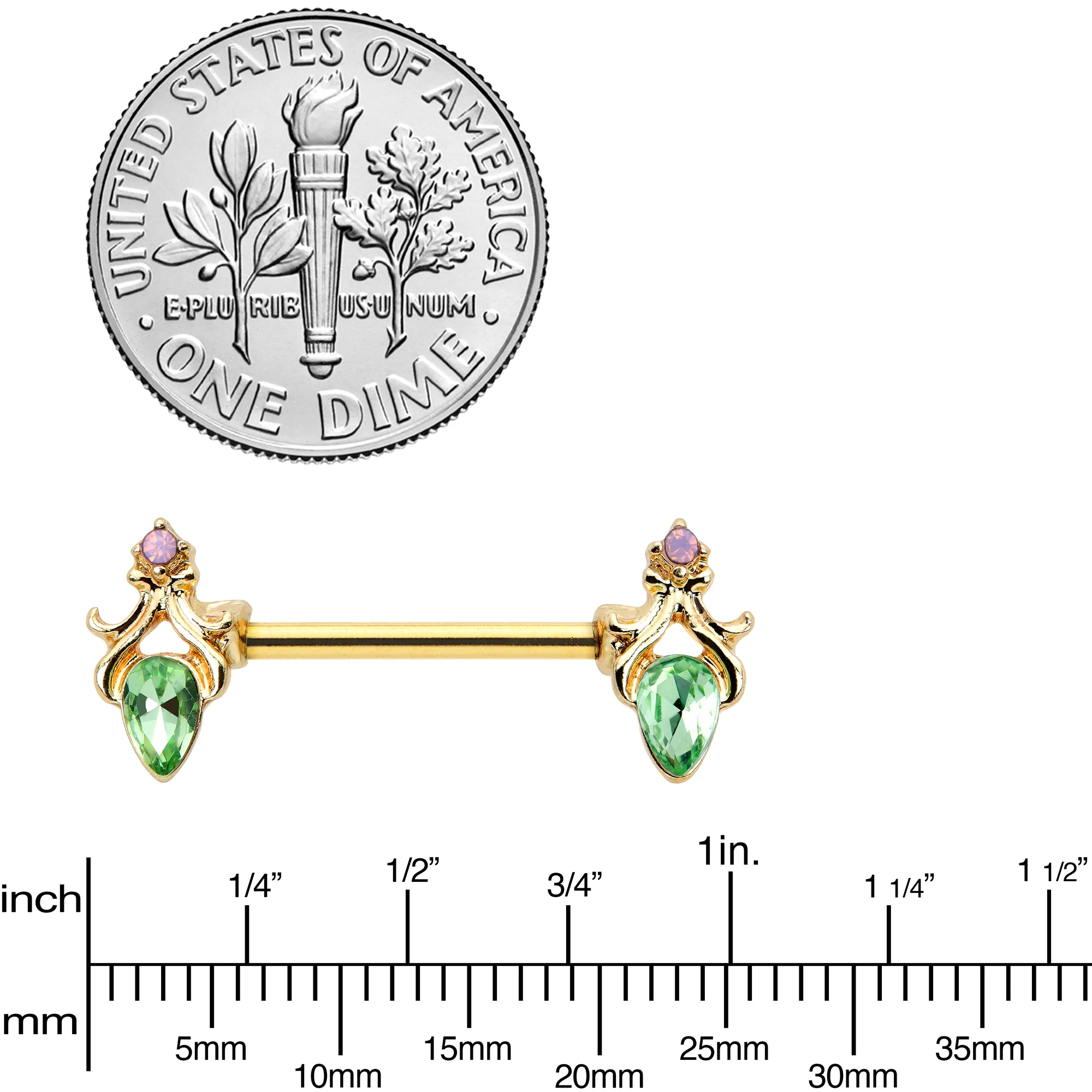 14G 9/16 Green Gem Gold Hue Spring Shades Barbell Nipple Ring Set - Image 3