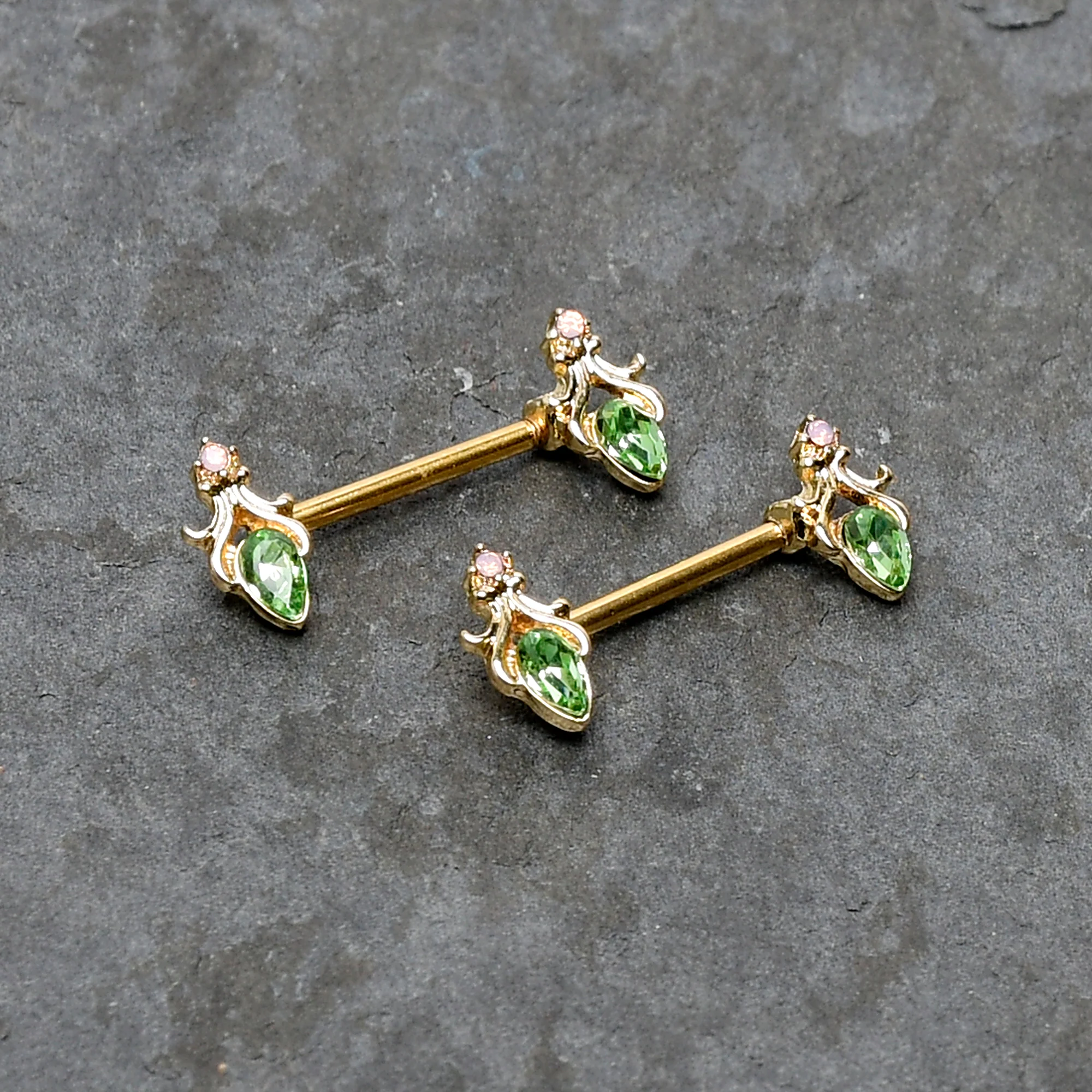 14G 9/16 Green Gem Gold Hue Spring Shades Barbell Nipple Ring Set - Image 5
