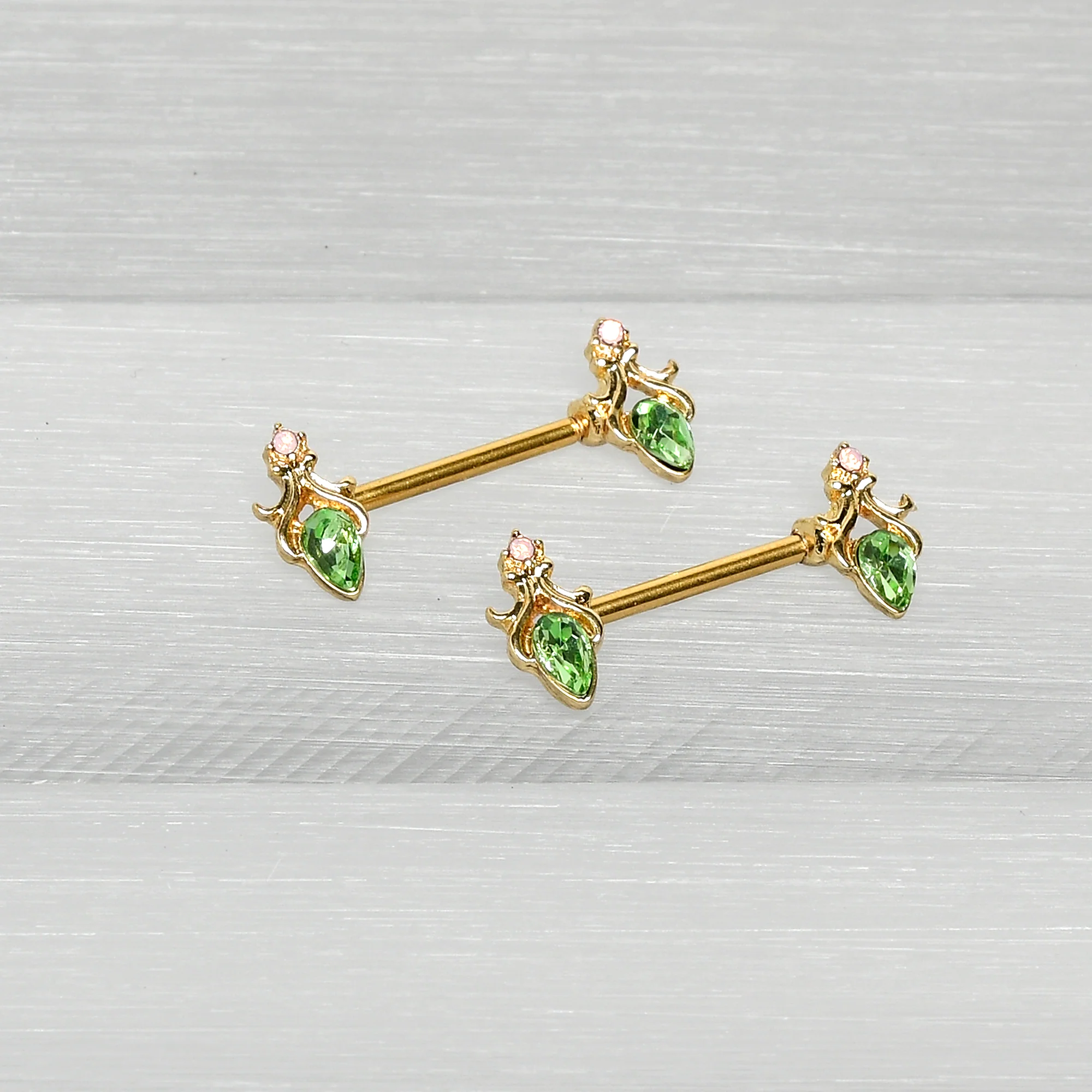 14G 9/16 Green Gem Gold Hue Spring Shades Barbell Nipple Ring Set - Image 6