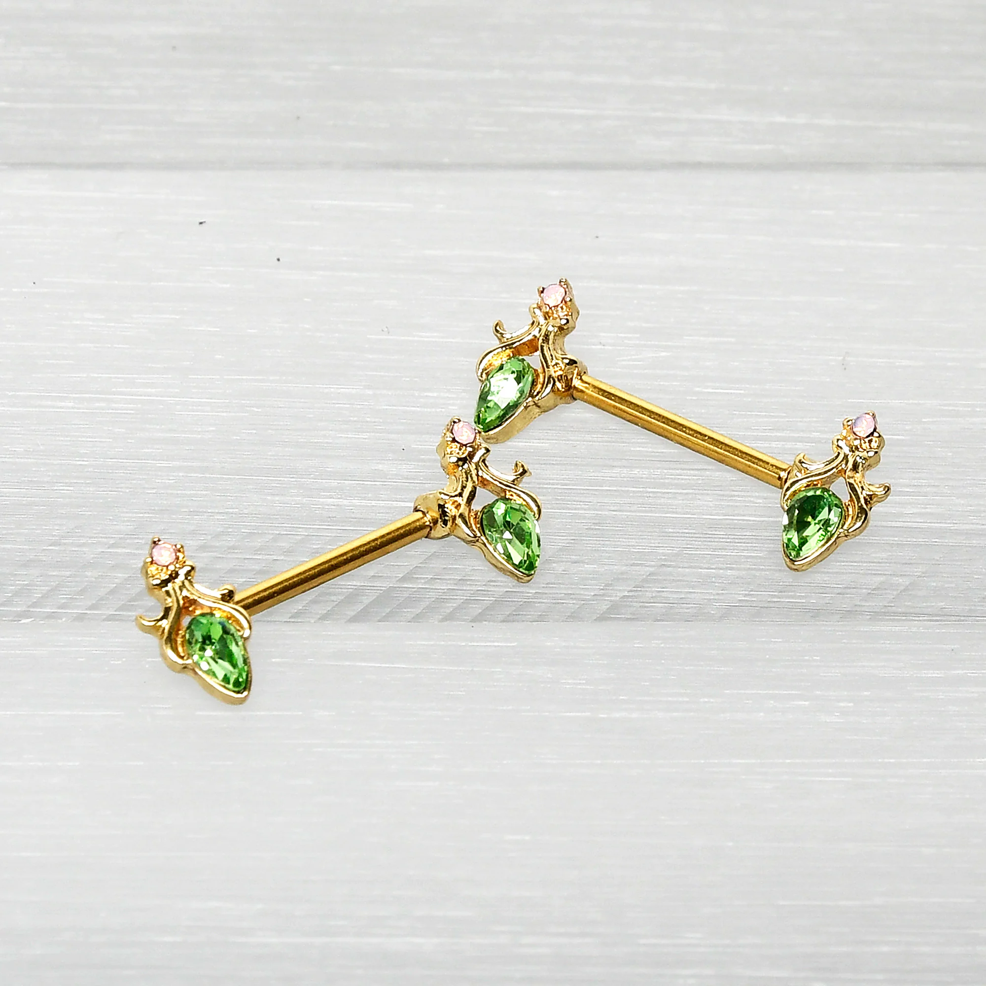14G 9/16 Green Gem Gold Hue Spring Shades Barbell Nipple Ring Set - Image 8