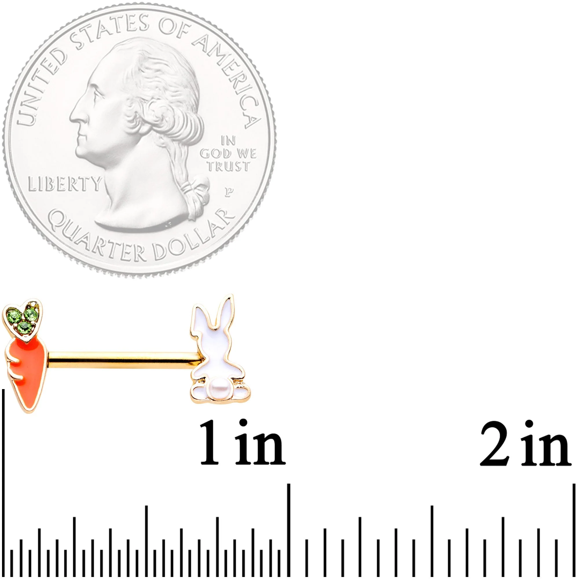 14G 9/16 Green Gem Gold Tone Bunny Carrot Barbell Nipple Ring Set - Image 2