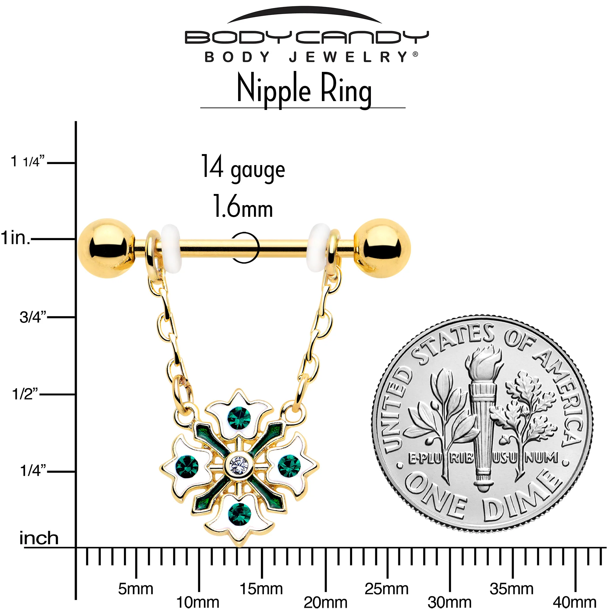 14G 9/16 Green Gem Gold Tone Flower Wreath Dangle Nipple Ring Set - Image 4