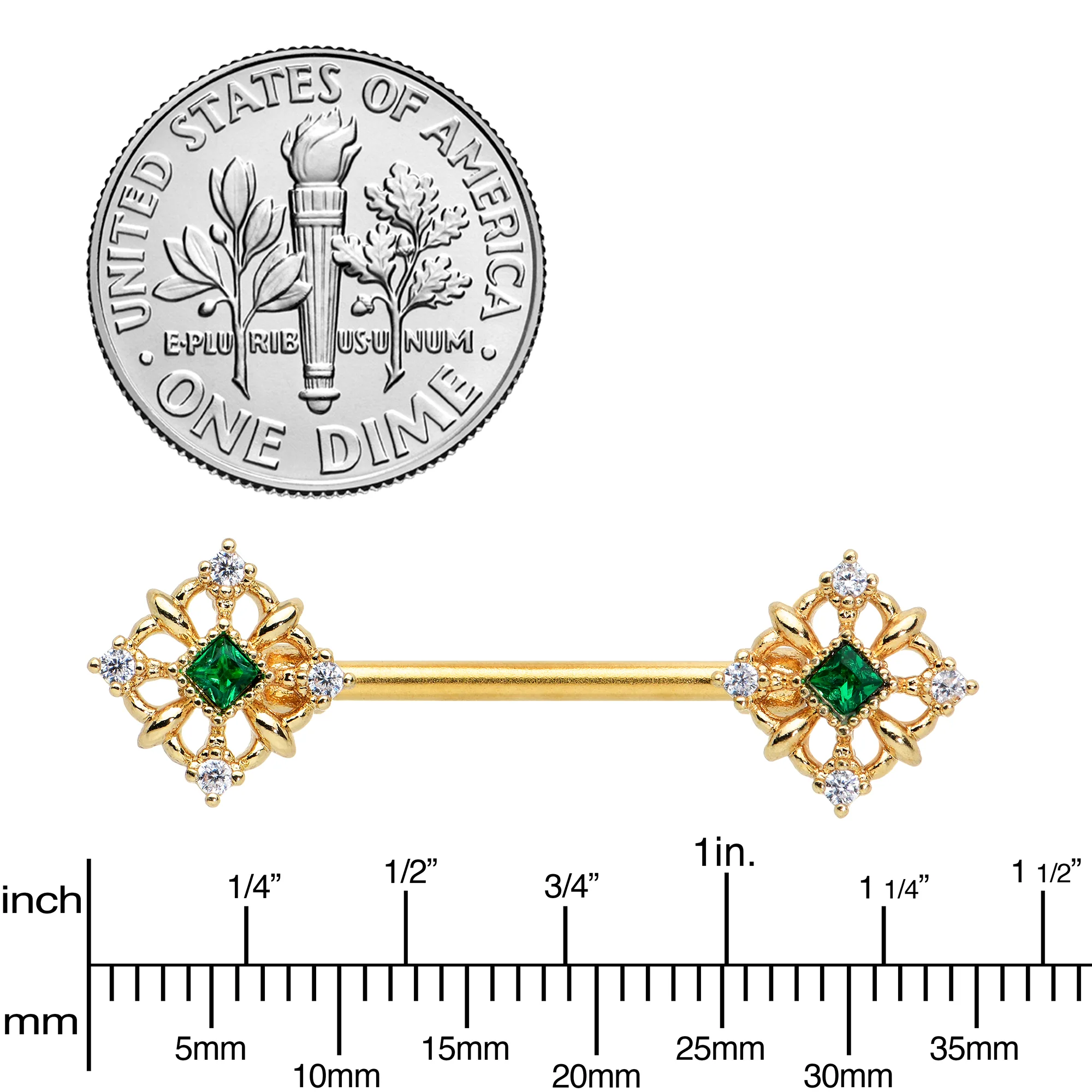 14G 9/16 Green Gem Gold Tone Noble Square Barbell Nipple Ring Set - Image 3