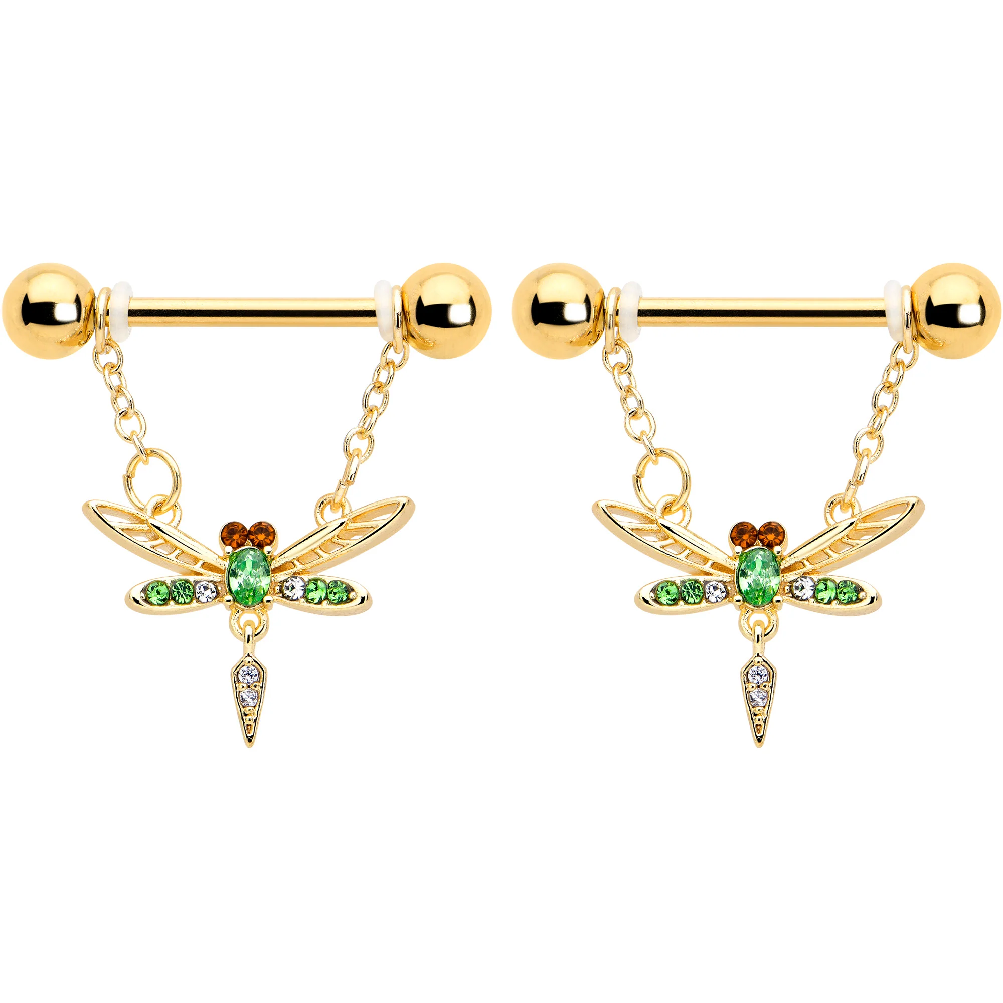 14G 9/16 Green Gem Gold Tone Swank Dragonfly Dangle Nipple Ring Set - Image 2