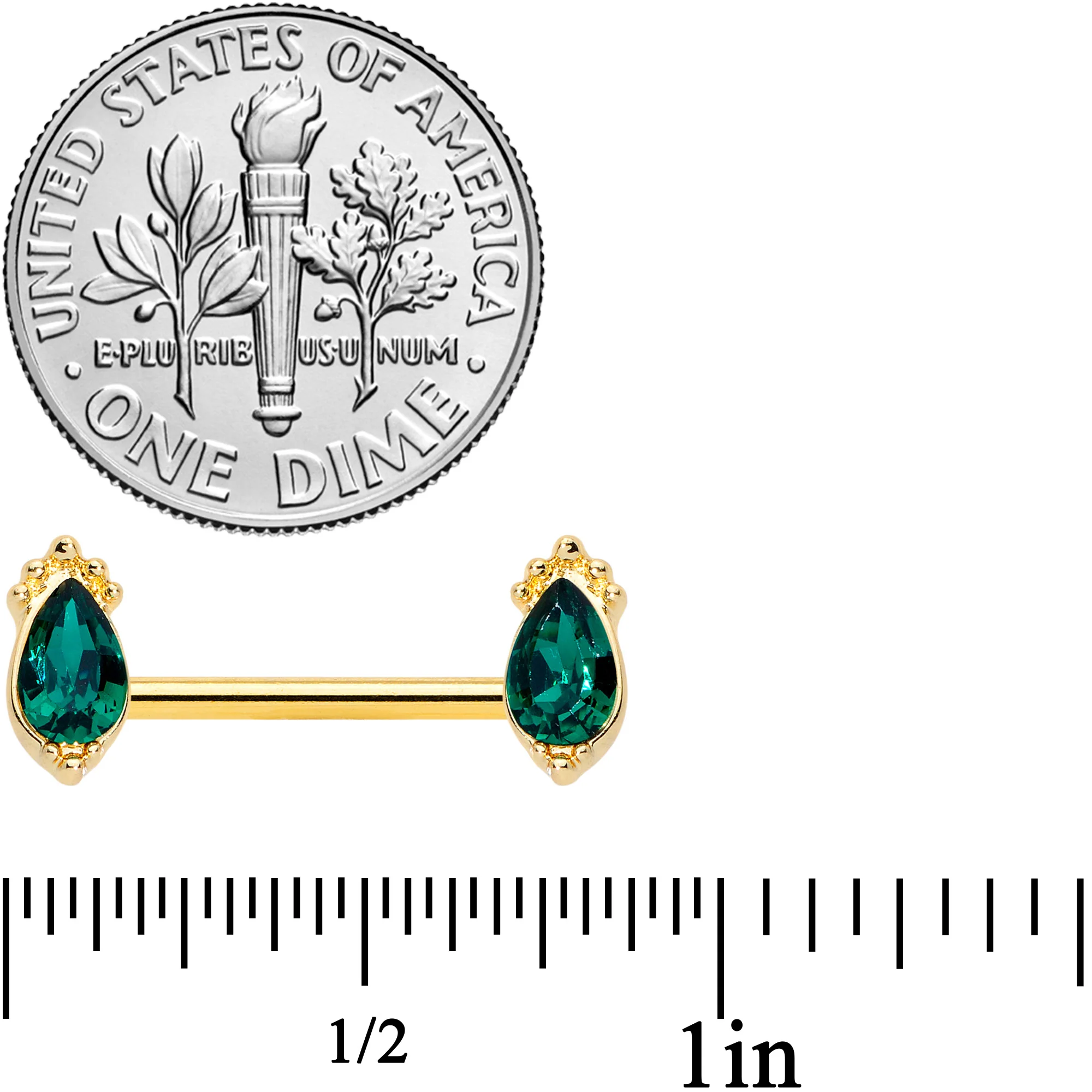 14G 9/16 Green Gem Gold Tone Drop Barbell Nipple Ring Set - Image 3