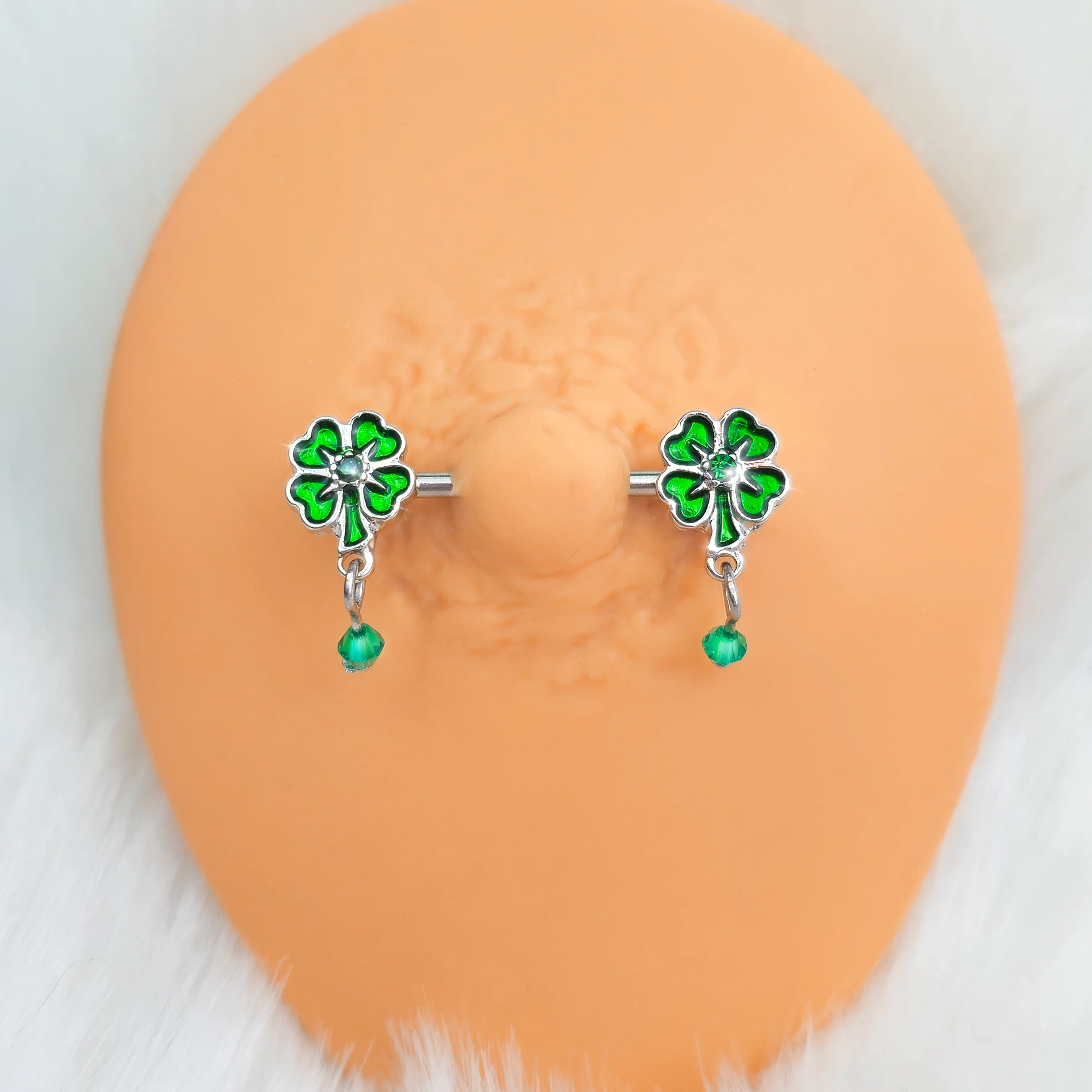 14G 9/16 Green Gem Shamrock Glam St Patricks Dangle Nipple Ring Set - Image 2