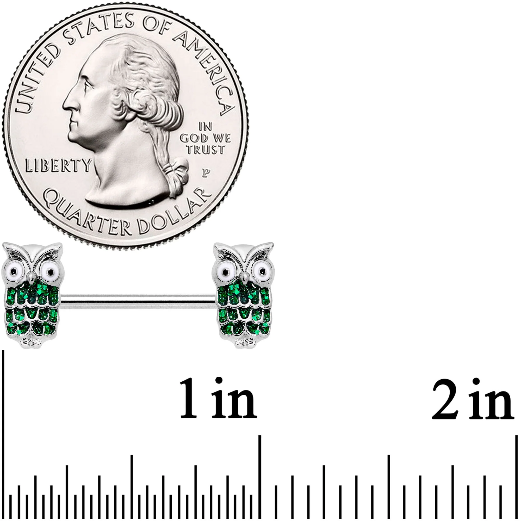 14G 9/16 Green Happy Holiday Hoot Owl Barbell Nipple Ring Set - Image 2