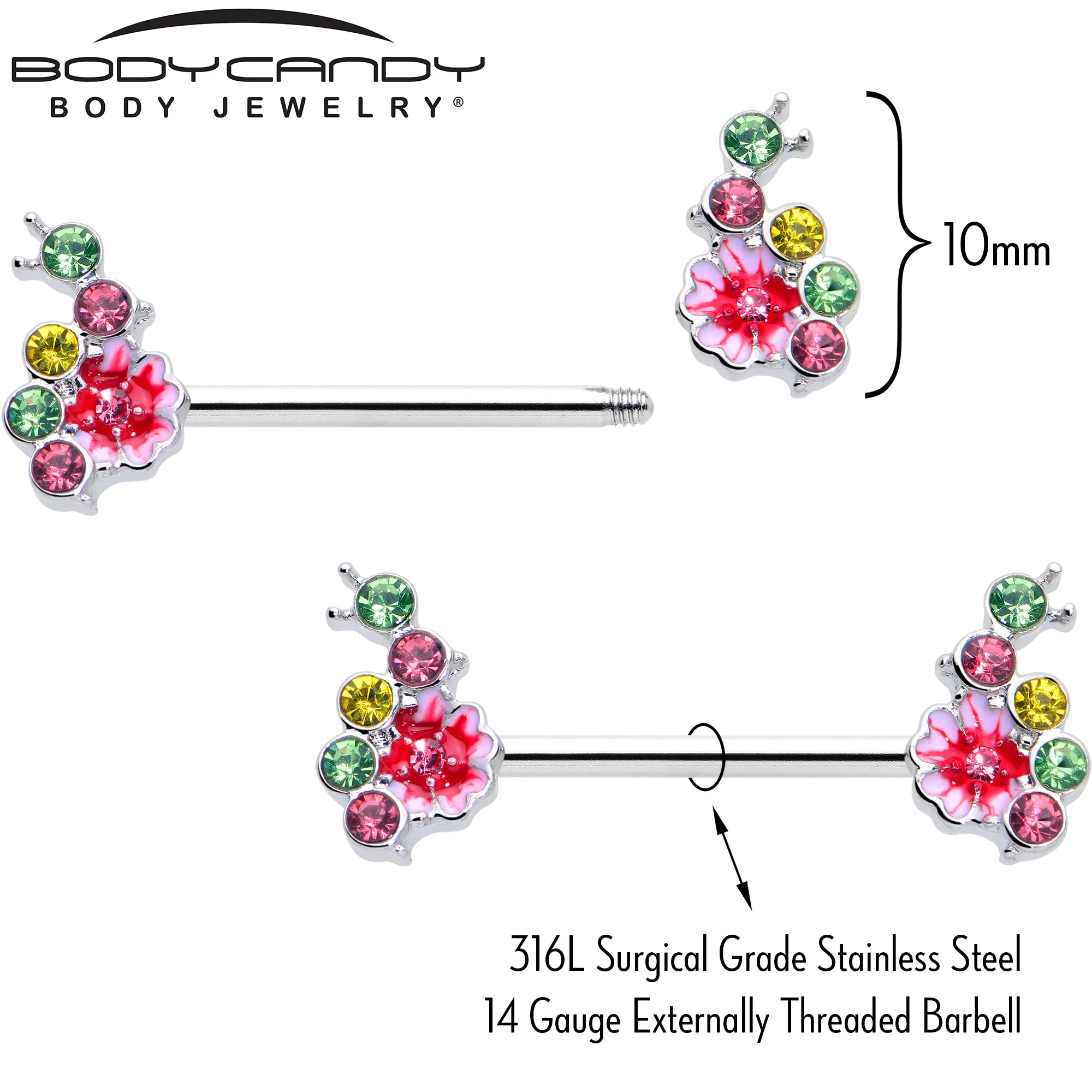 14G 9/16 Green Pink Gem Caterpillar Flower Barbell Nipple Ring Set - Image 3
