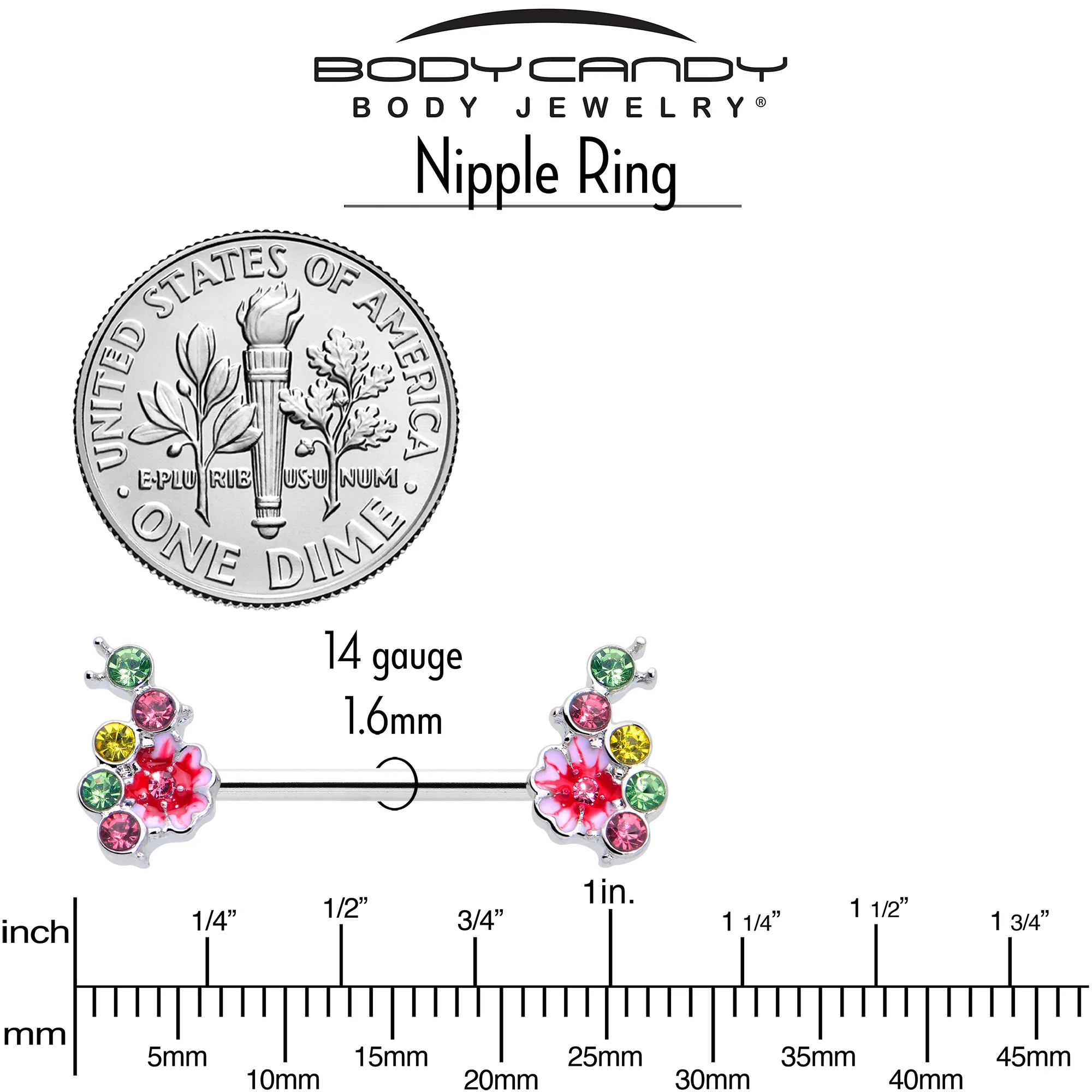 14G 9/16 Green Pink Gem Caterpillar Flower Barbell Nipple Ring Set - Image 5