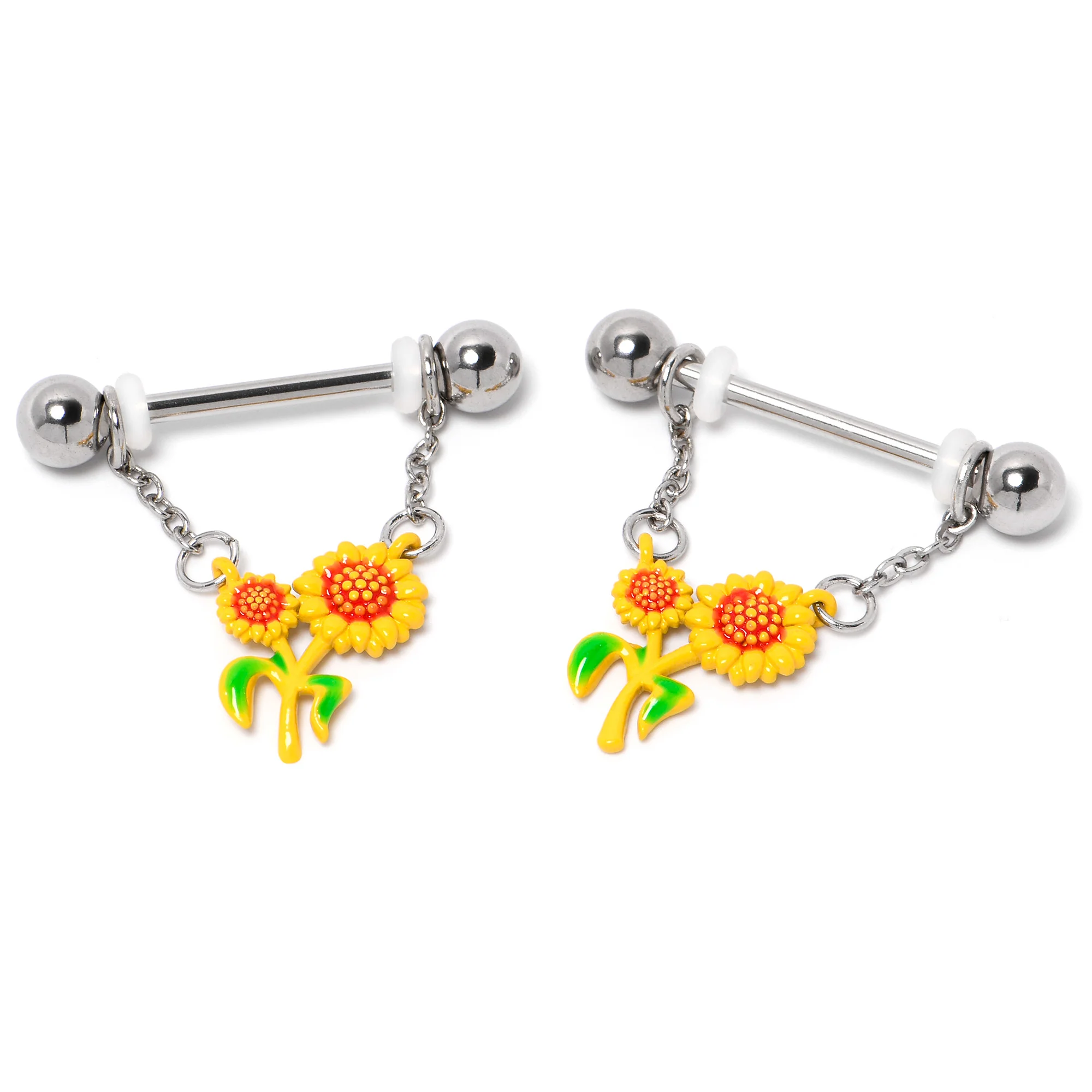 14G 9/16 Happy Sunflower Duo Chain Dangle Nipple Ring Set - Image 3