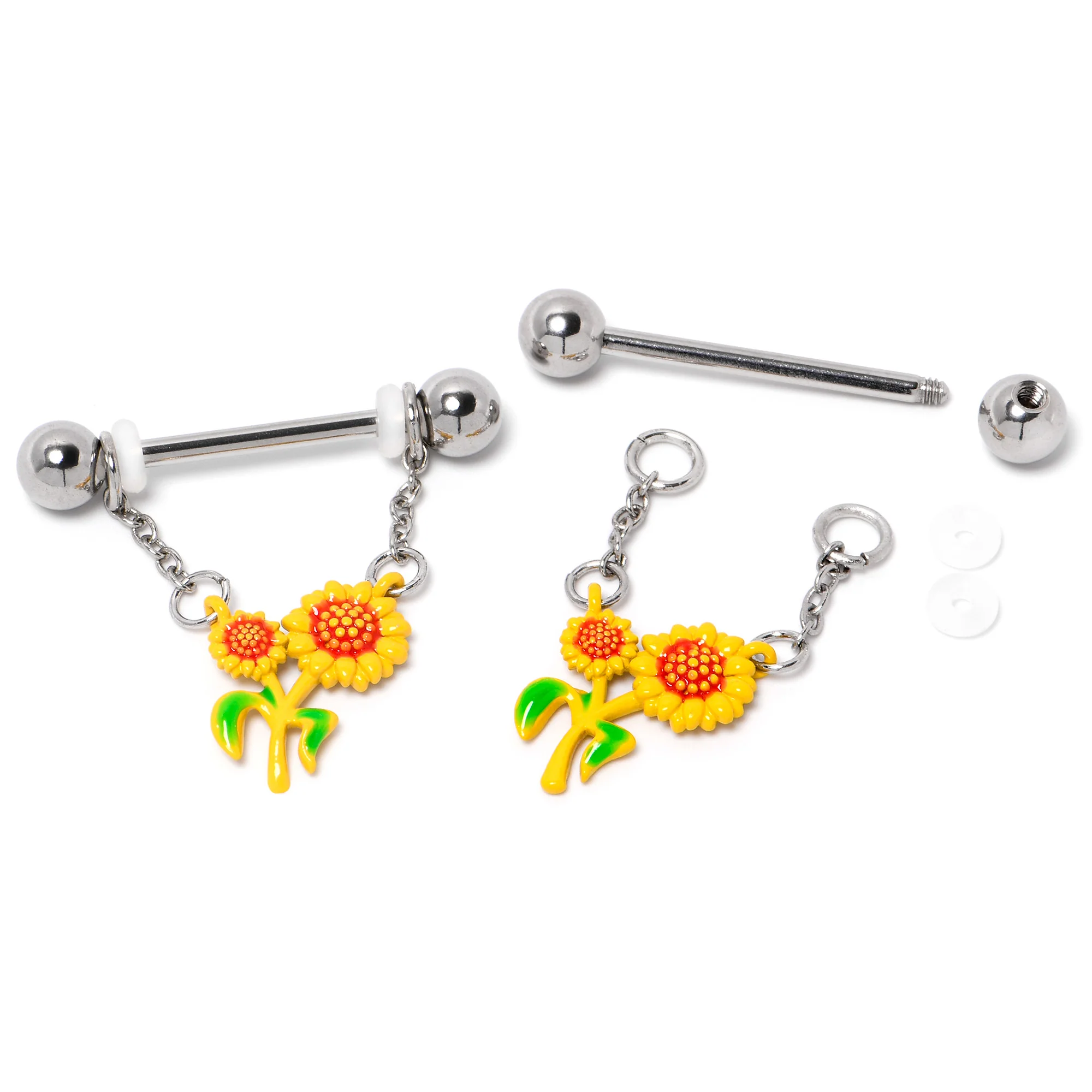 14G 9/16 Happy Sunflower Duo Chain Dangle Nipple Ring Set - Image 4
