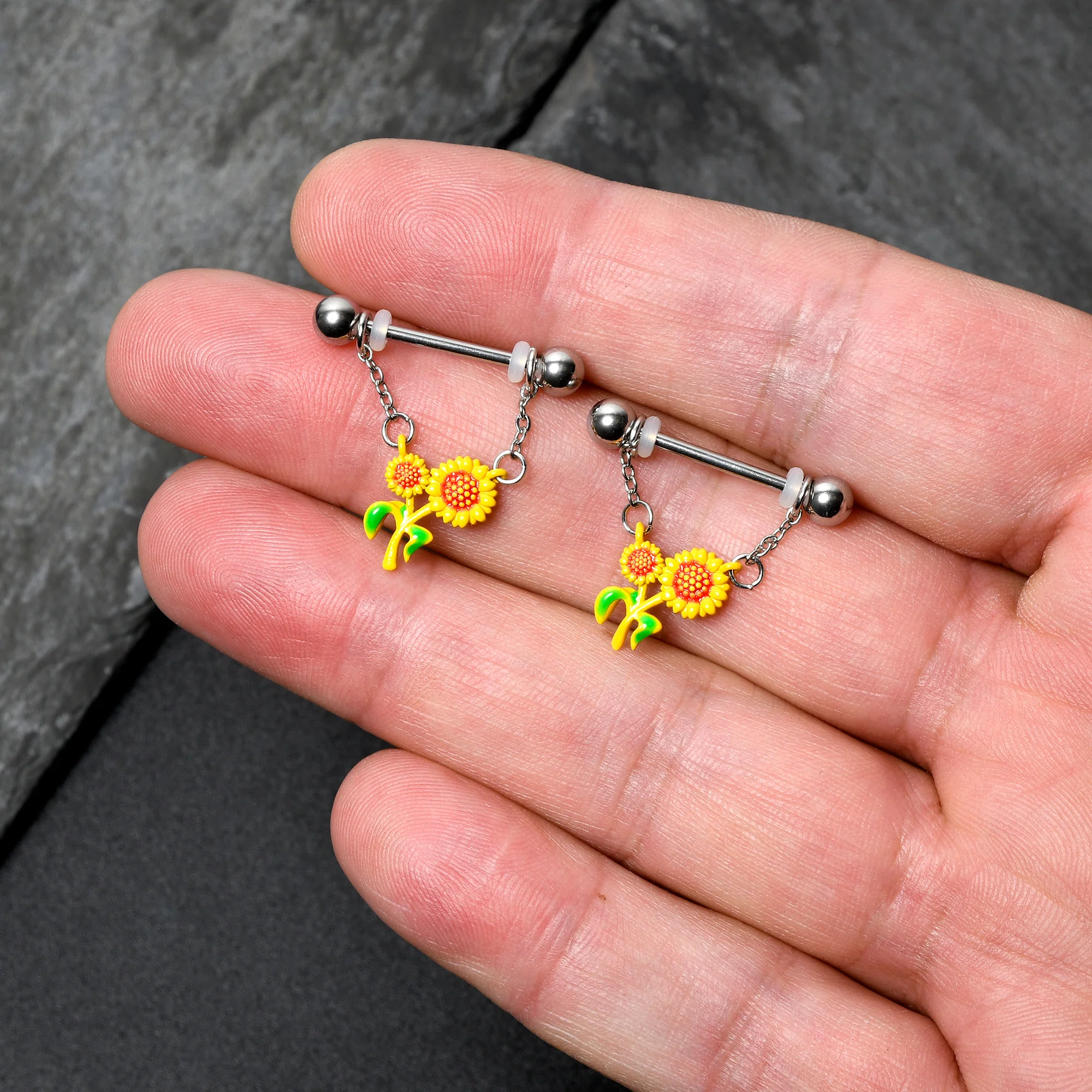 14G 9/16 Happy Sunflower Duo Chain Dangle Nipple Ring Set - Image 5