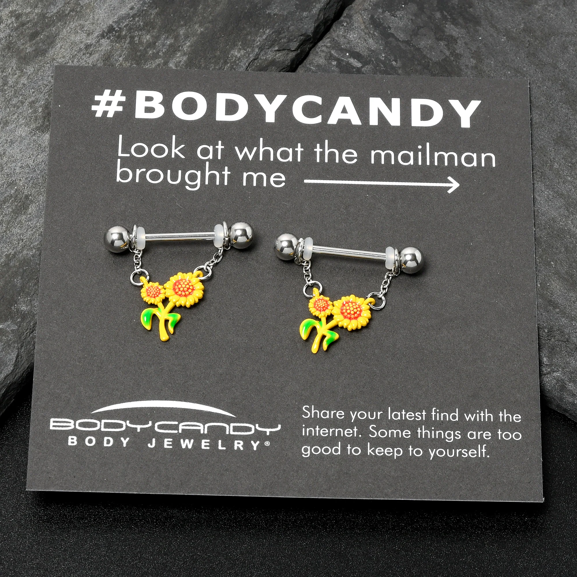 14G 9/16 Happy Sunflower Duo Chain Dangle Nipple Ring Set - Image 6