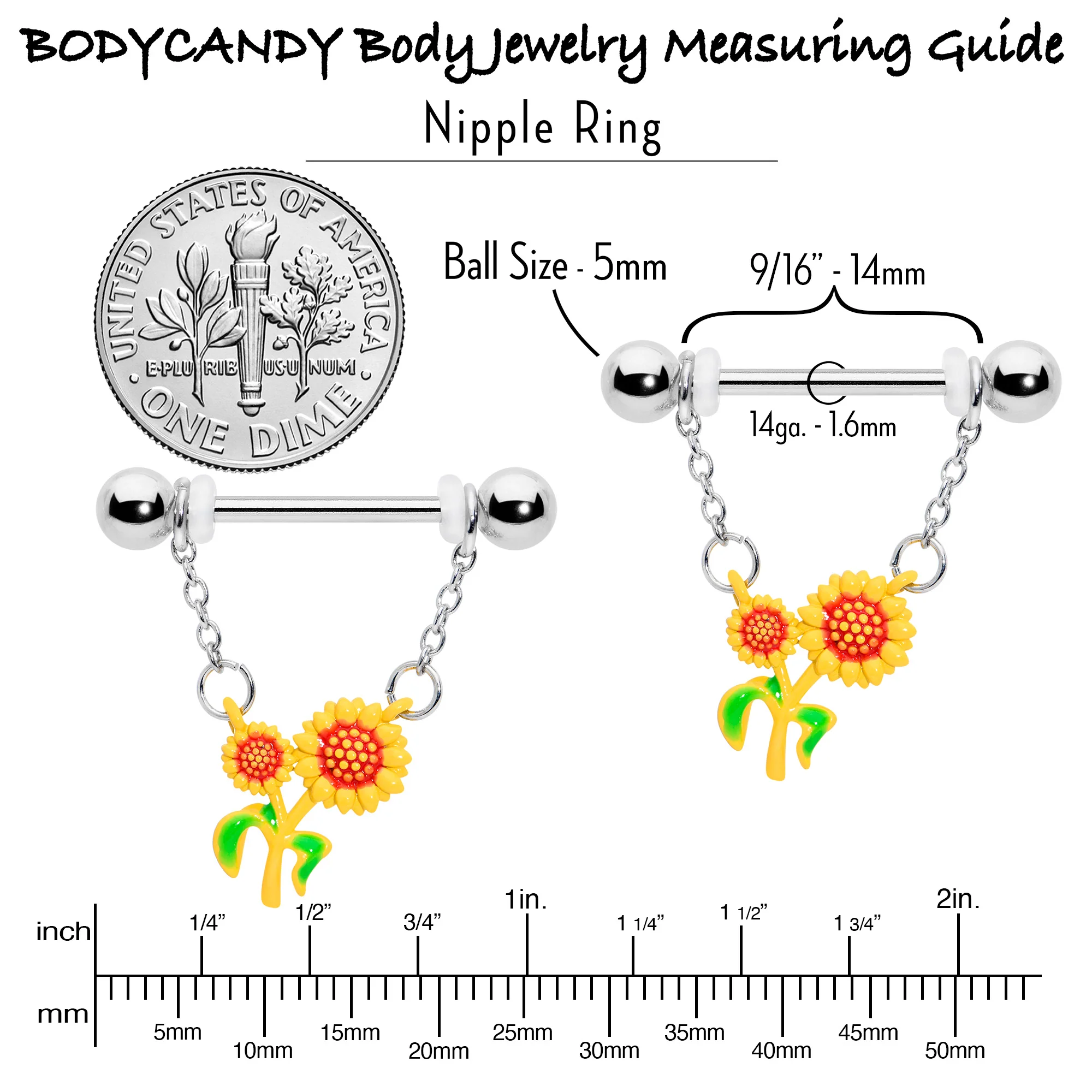 14G 9/16 Happy Sunflower Duo Chain Dangle Nipple Ring Set - Image 7