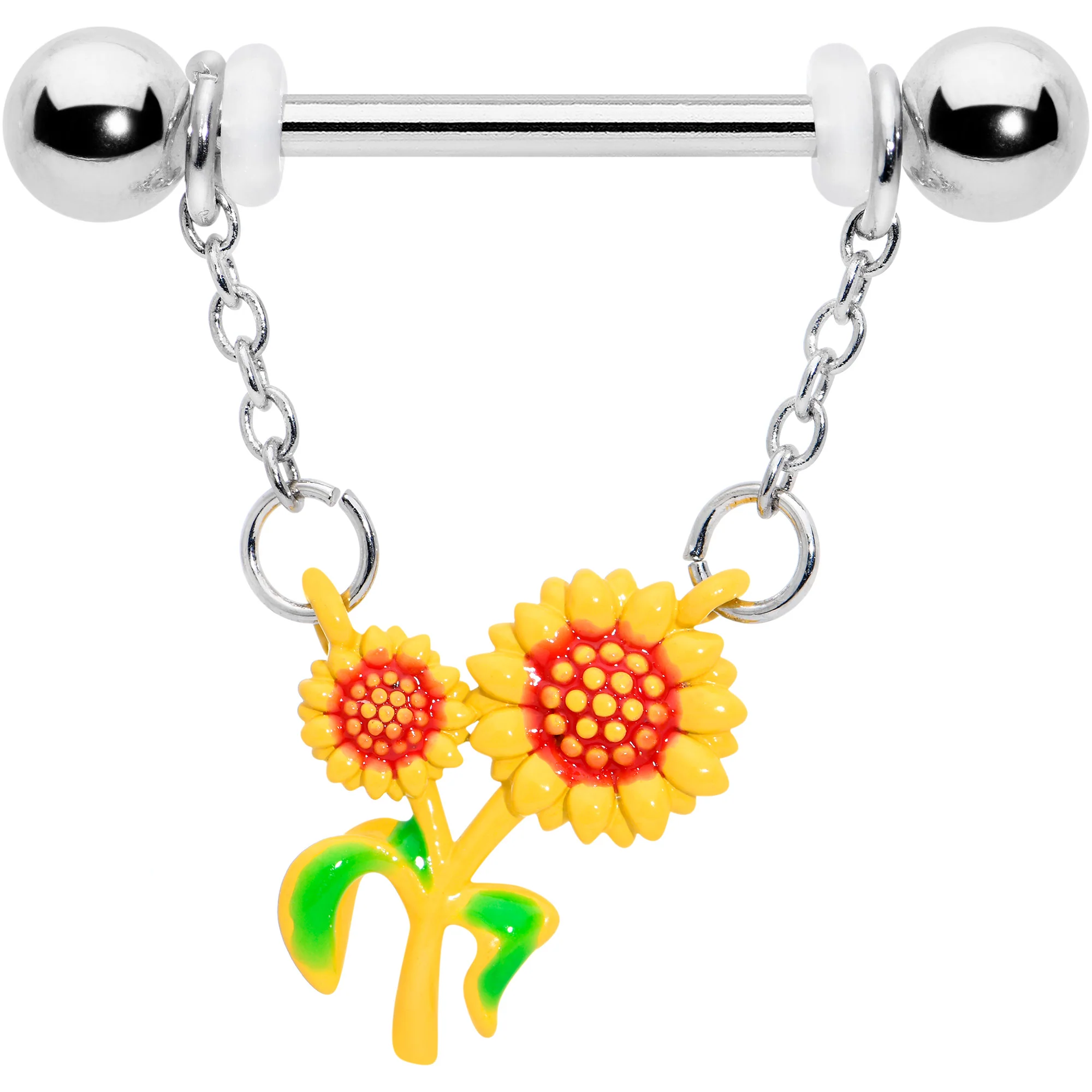 14G 9/16 Happy Sunflower Duo Chain Dangle Nipple Ring Set - Image 8