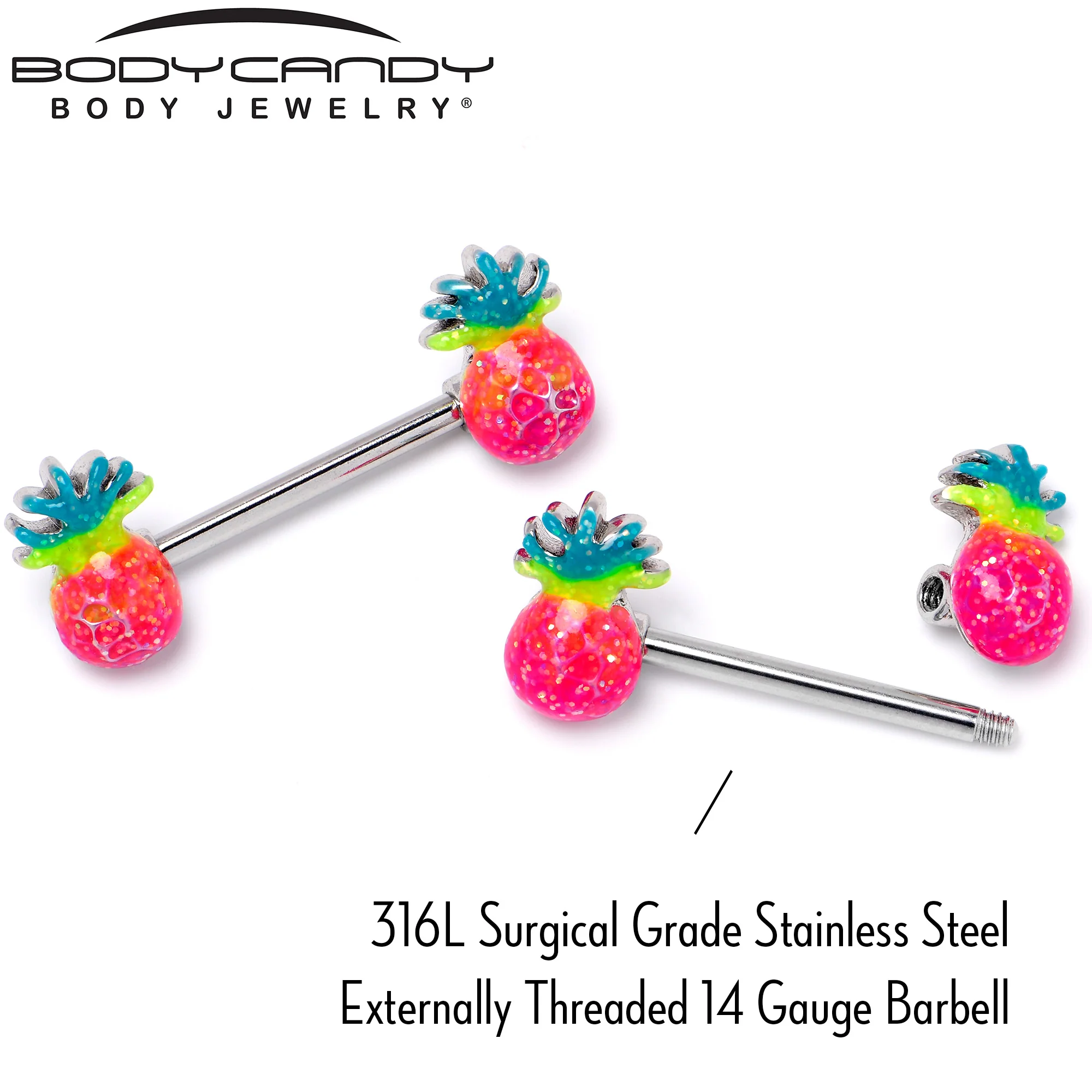 14G 9/16 Hot Tropical Pineapple Barbell Nipple Ring Set - Image 6