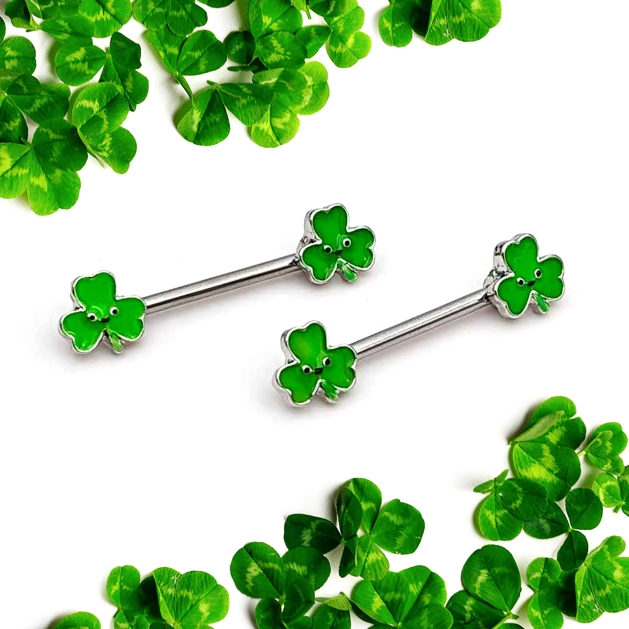 14G 9/16 Kawaii Smile Shamrock St Patricks Barbell Nipple Ring Set - Image 4