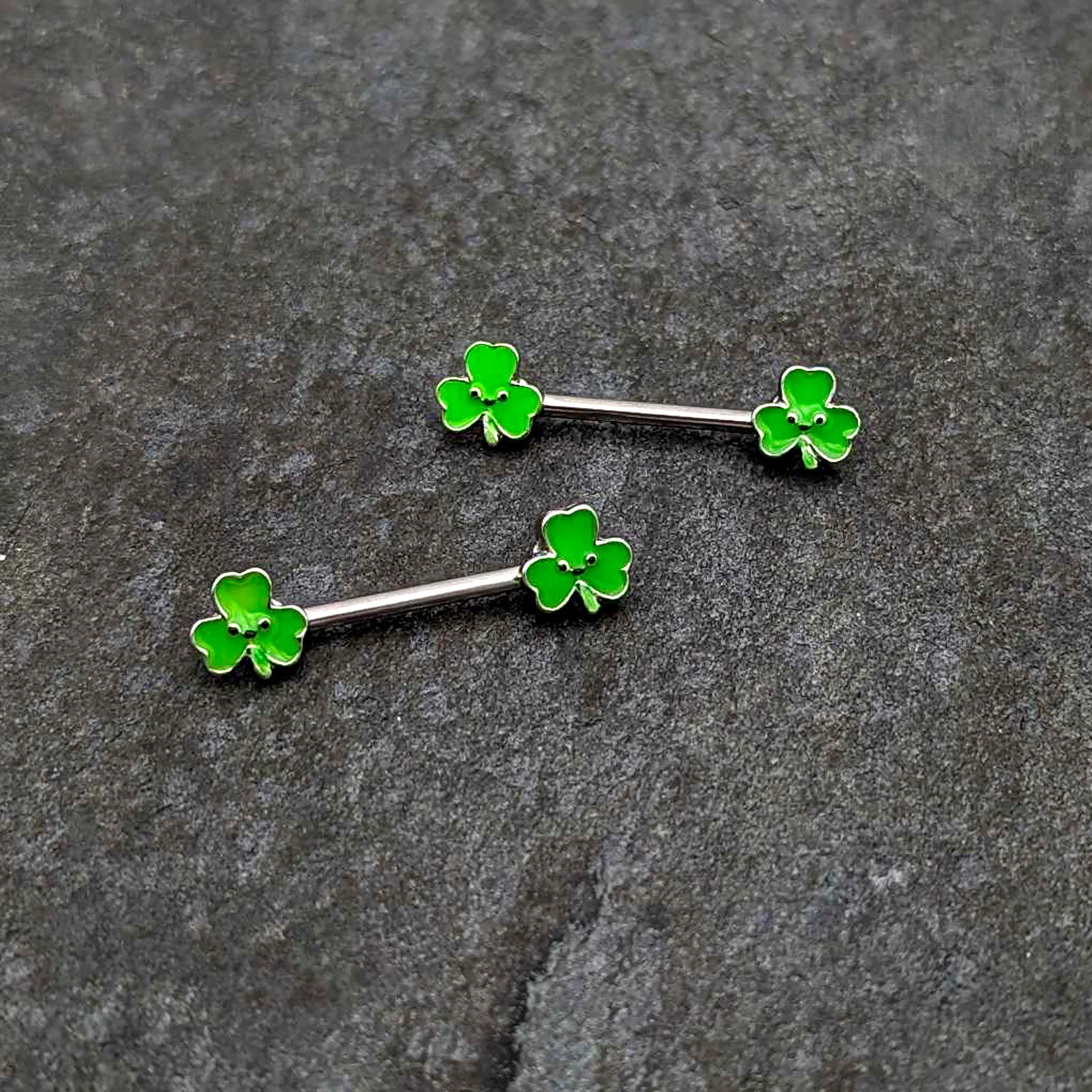 14G 9/16 Kawaii Smile Shamrock St Patricks Barbell Nipple Ring Set - Image 5