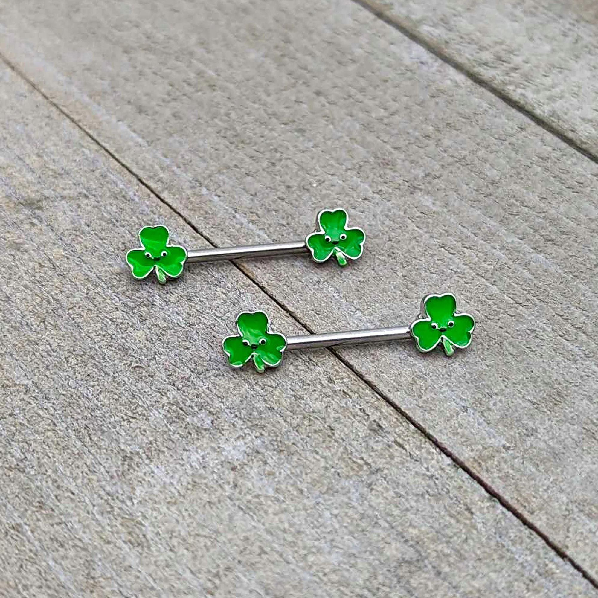 14G 9/16 Kawaii Smile Shamrock St Patricks Barbell Nipple Ring Set - Image 6