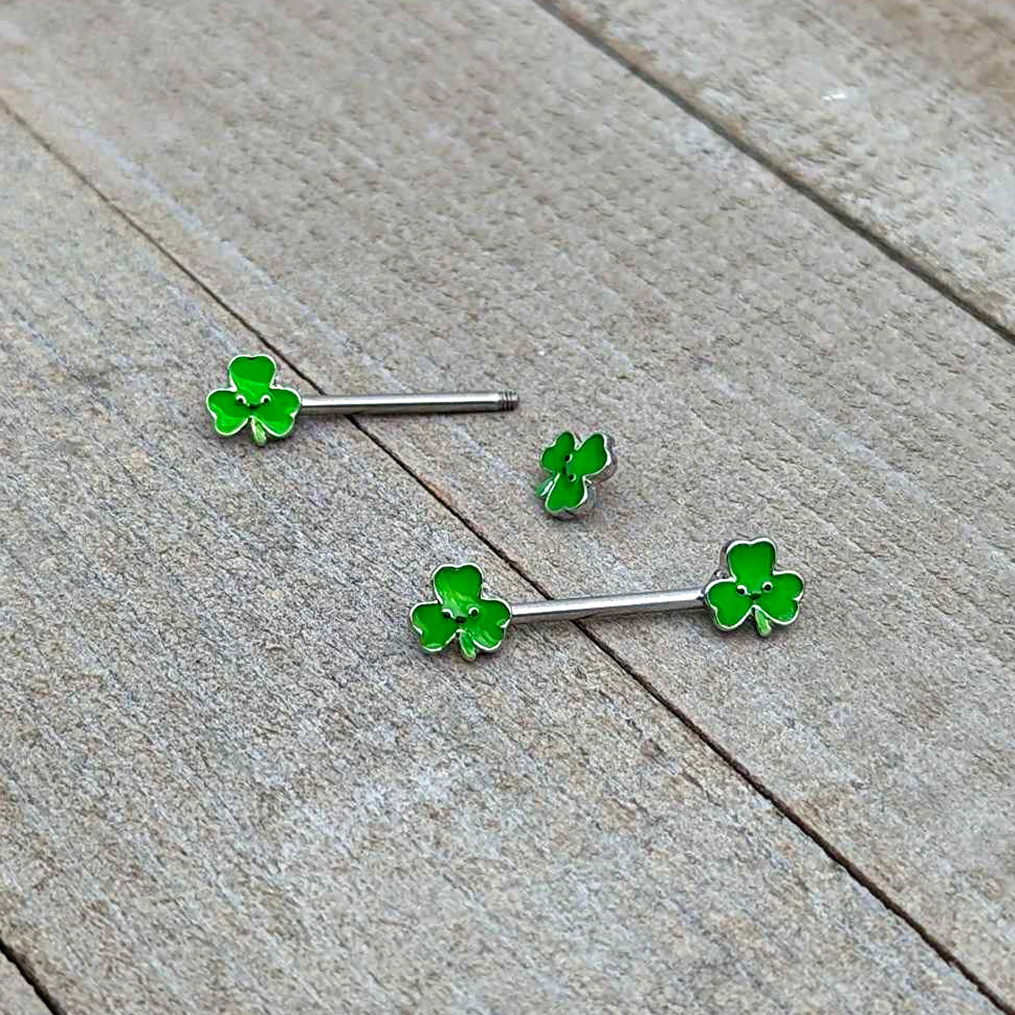 14G 9/16 Kawaii Smile Shamrock St Patricks Barbell Nipple Ring Set - Image 7