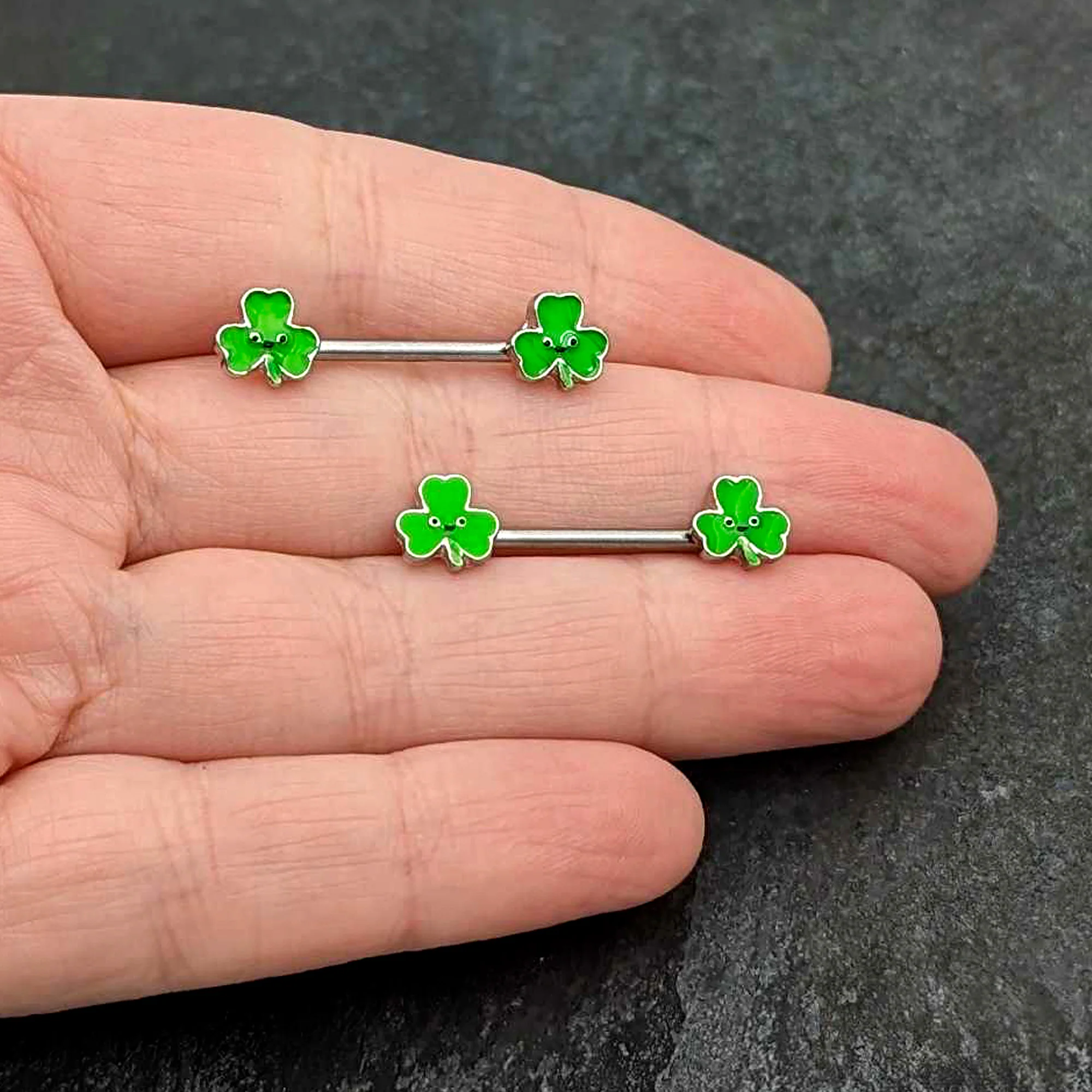 14G 9/16 Kawaii Smile Shamrock St Patricks Barbell Nipple Ring Set - Image 8