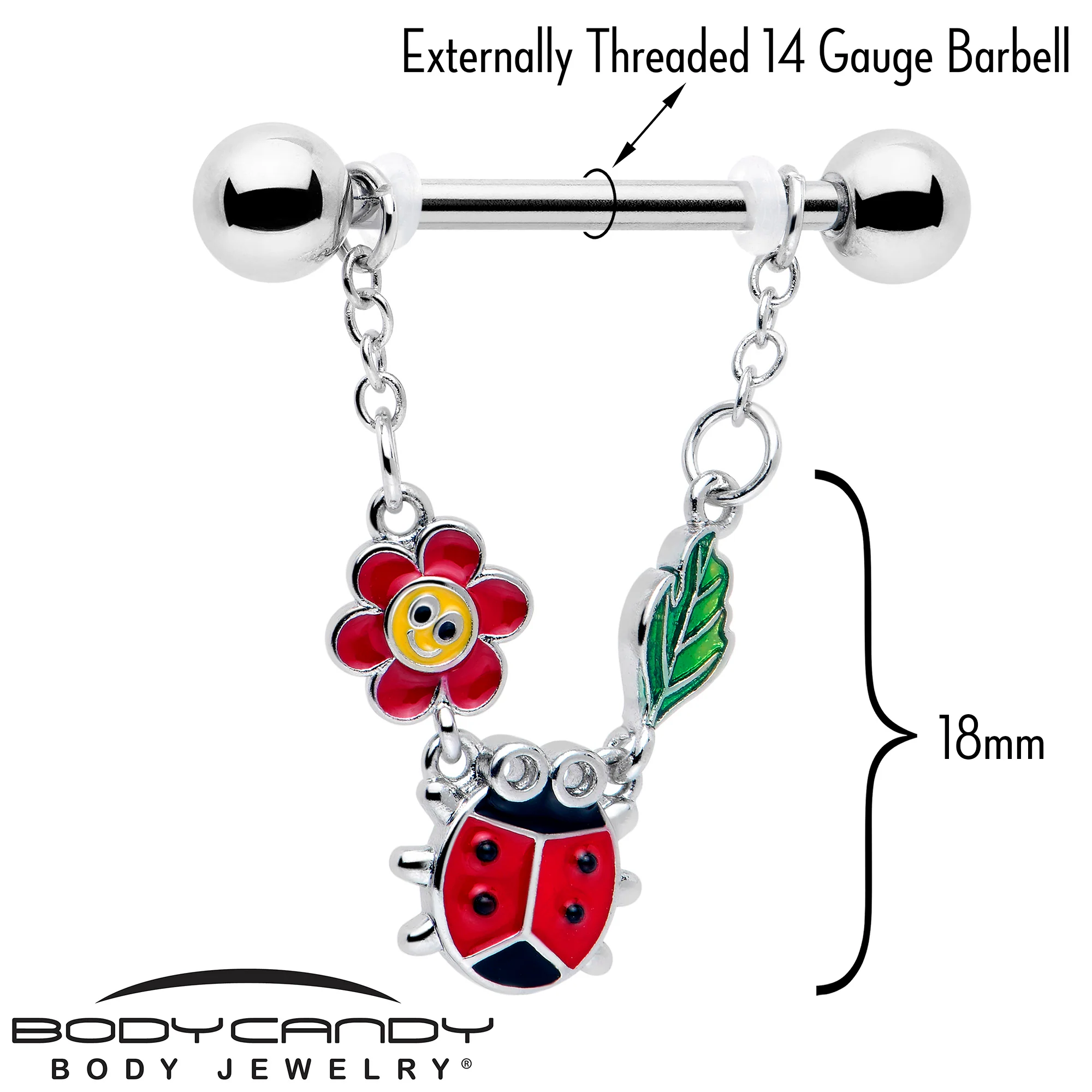 14G 9/16 Ladybug Hippie Flower Chain Dangle Nipple Ring Set - Image 3