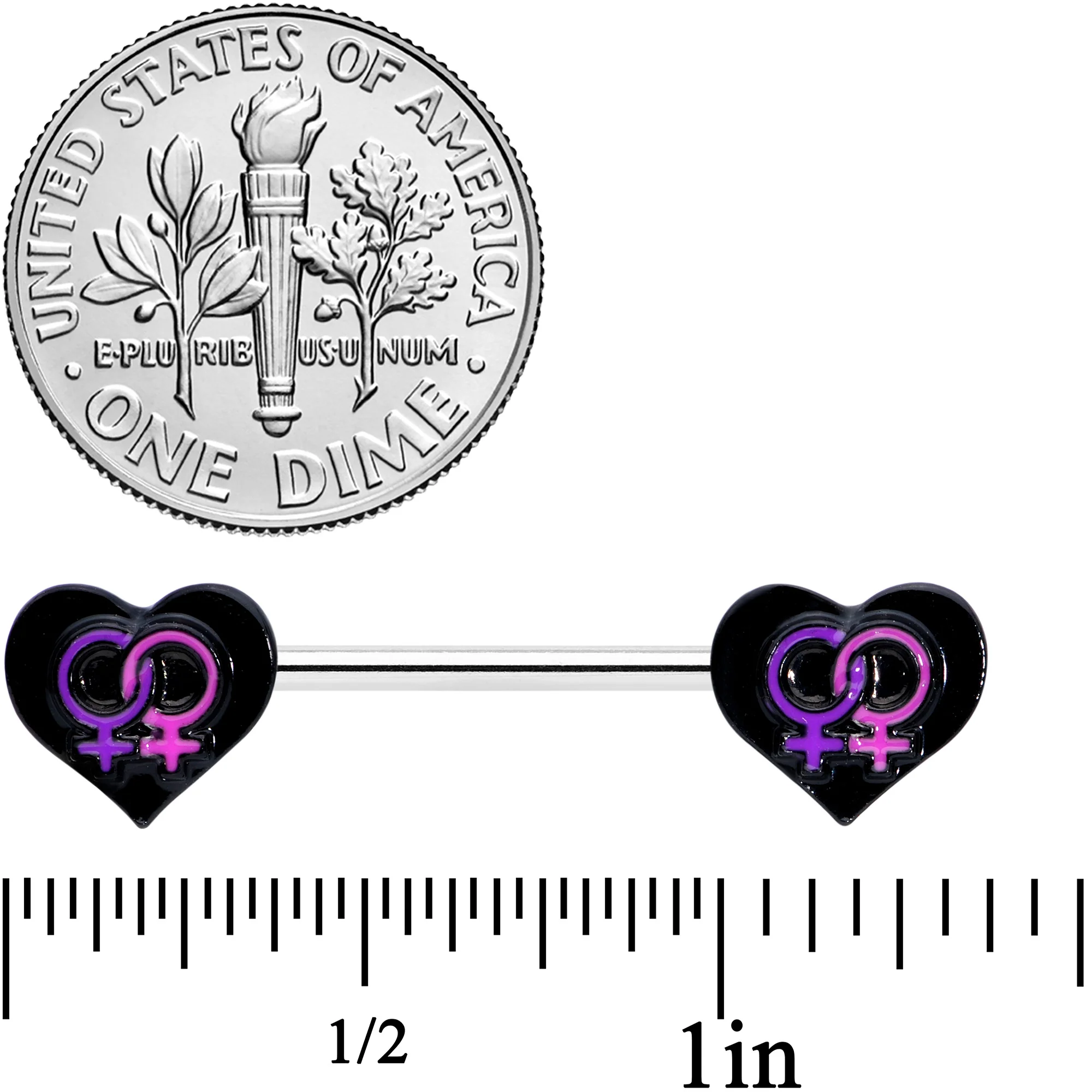 14G 9/16 Lesbian Love Heart Barbell Nipple Ring Set - Image 2