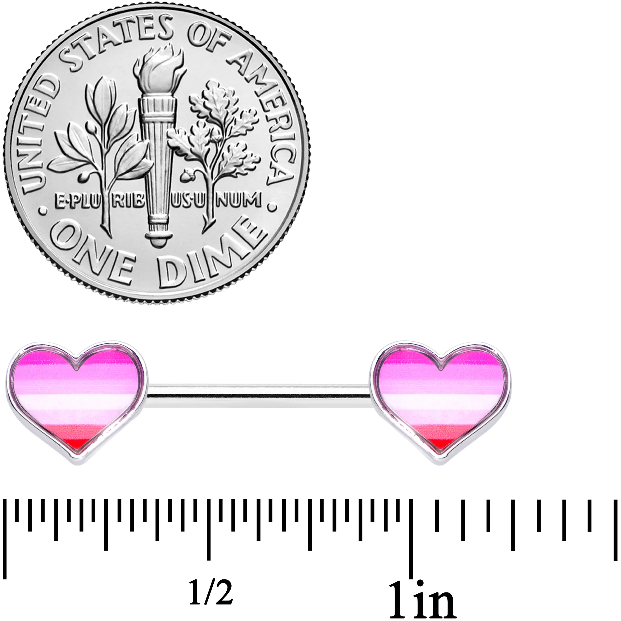14G 9/16 Lesbian Pride Heart Barbell Nipple Ring Set - Image 2