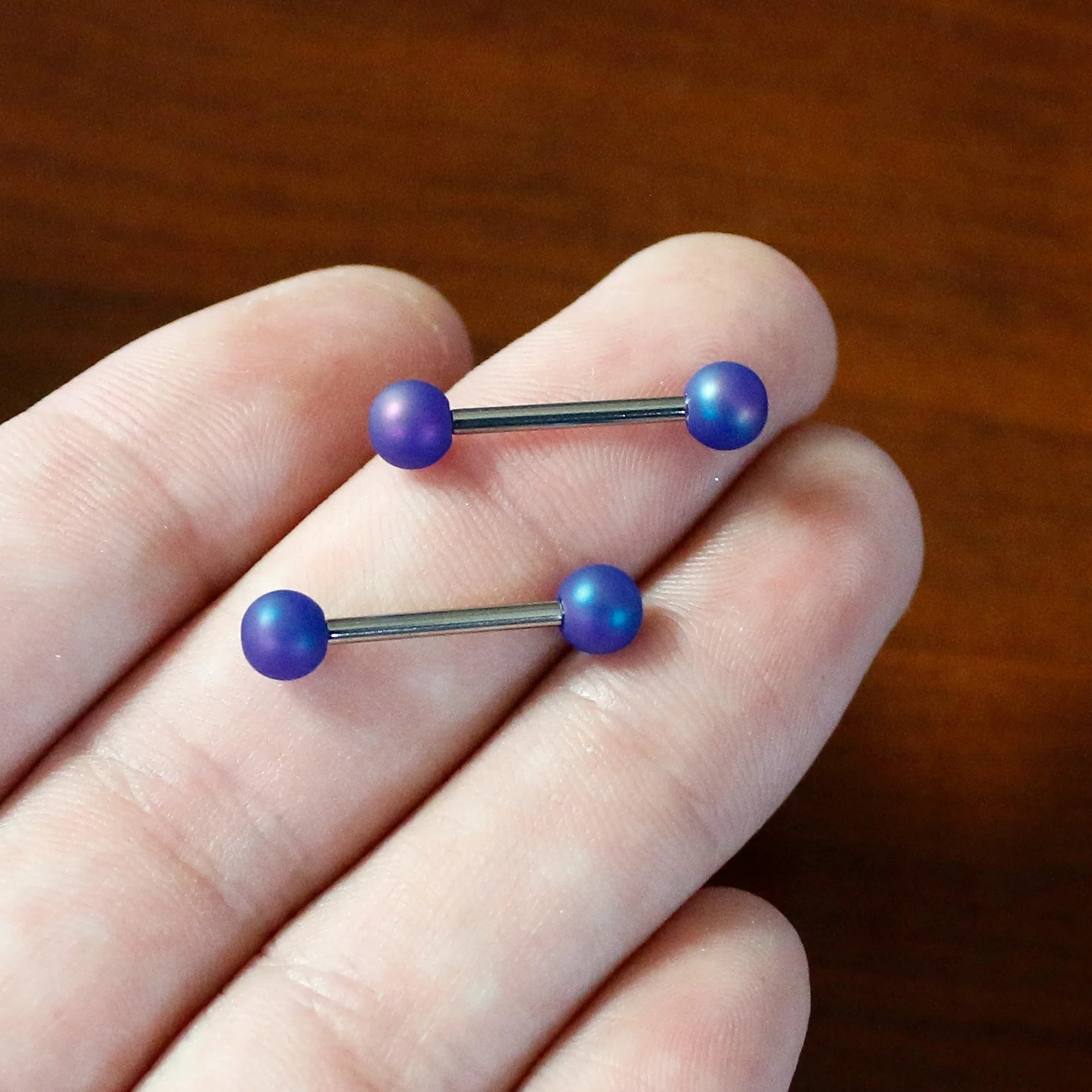14G 9/16 Matte Blue Aurora Barbell Nipple Ring Set - Image 6