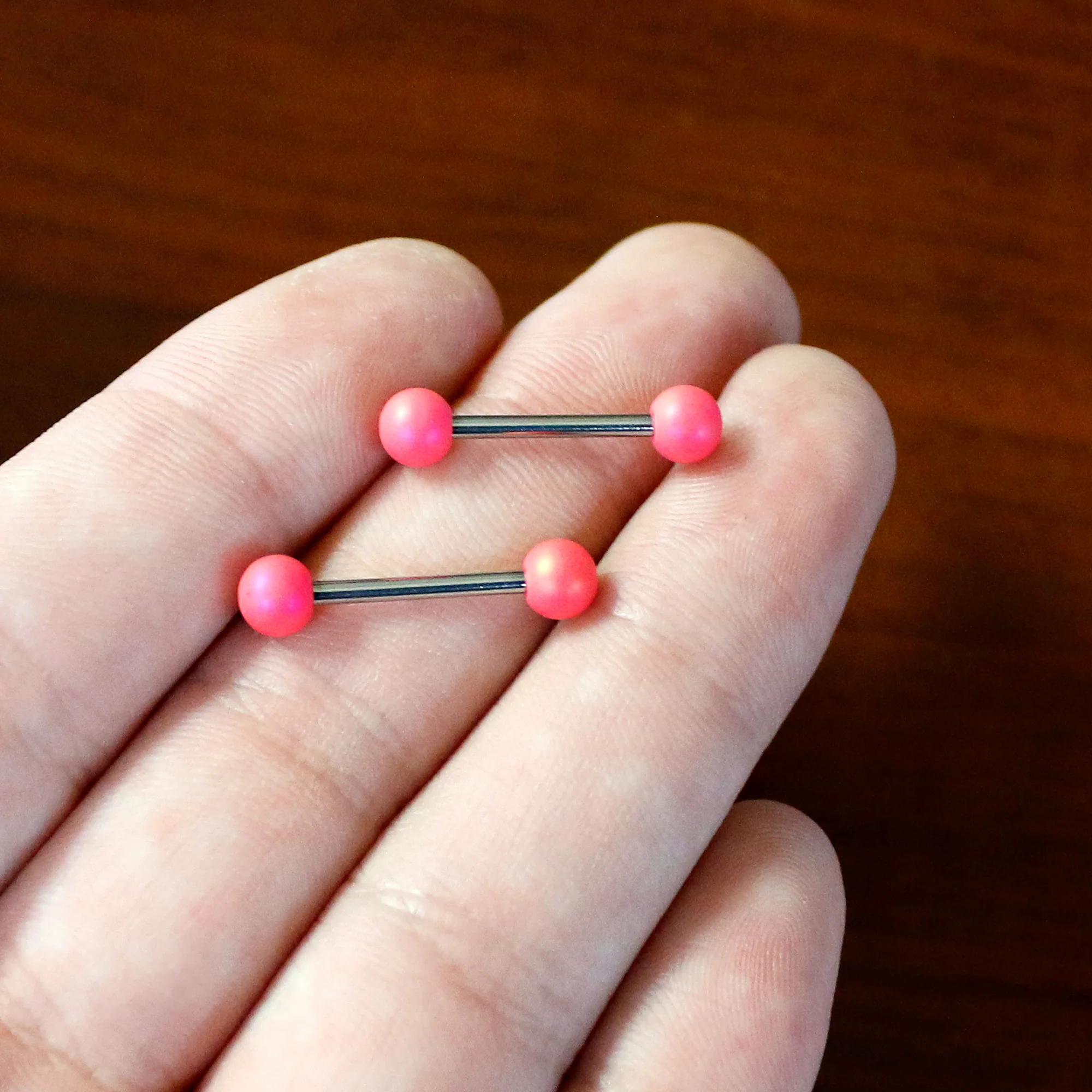 14G 9/16 Matte Pink Aurora Barbell Nipple Ring Set - Image 6
