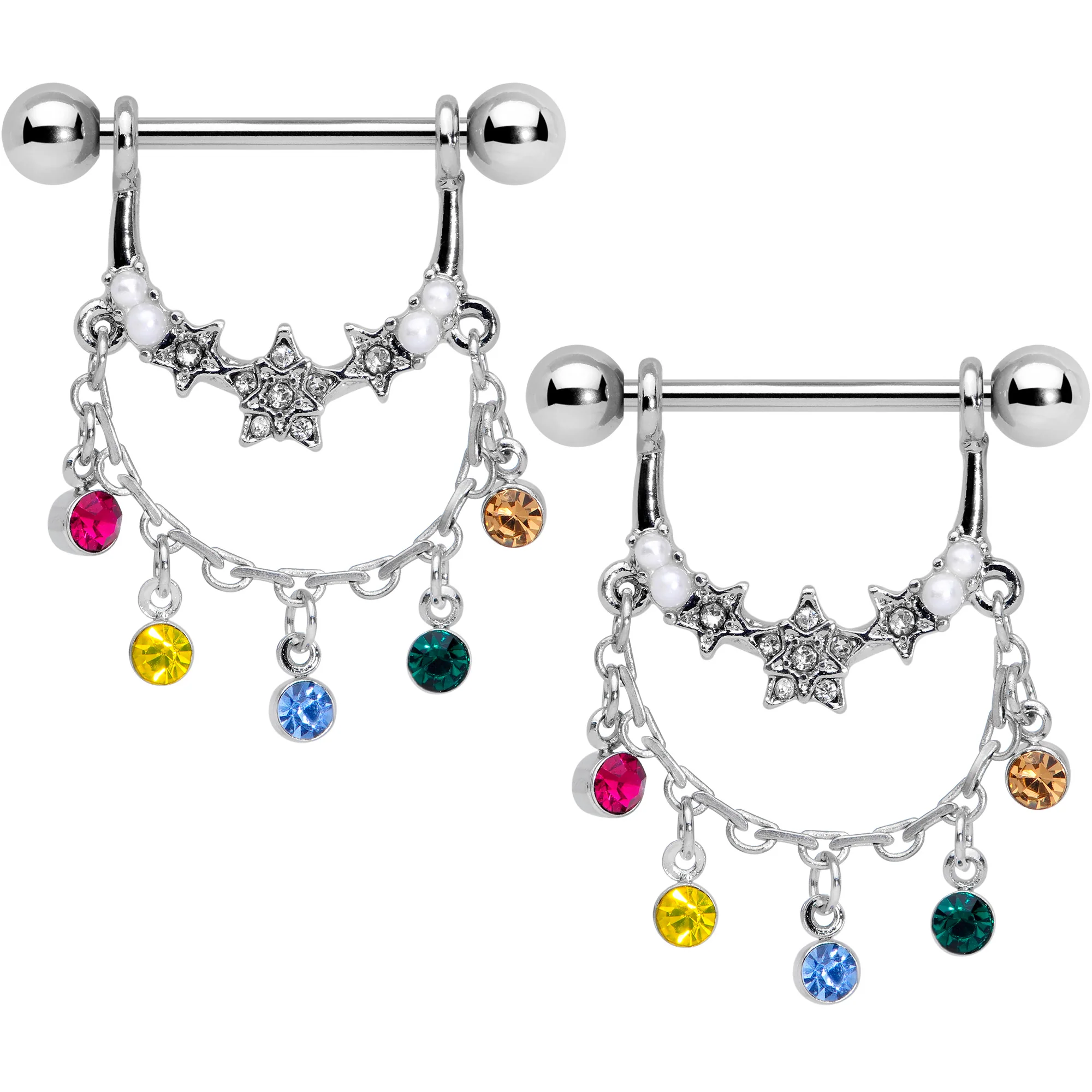14G 9/16 Multicolor Gem Star Dangle Nipple Ring Set