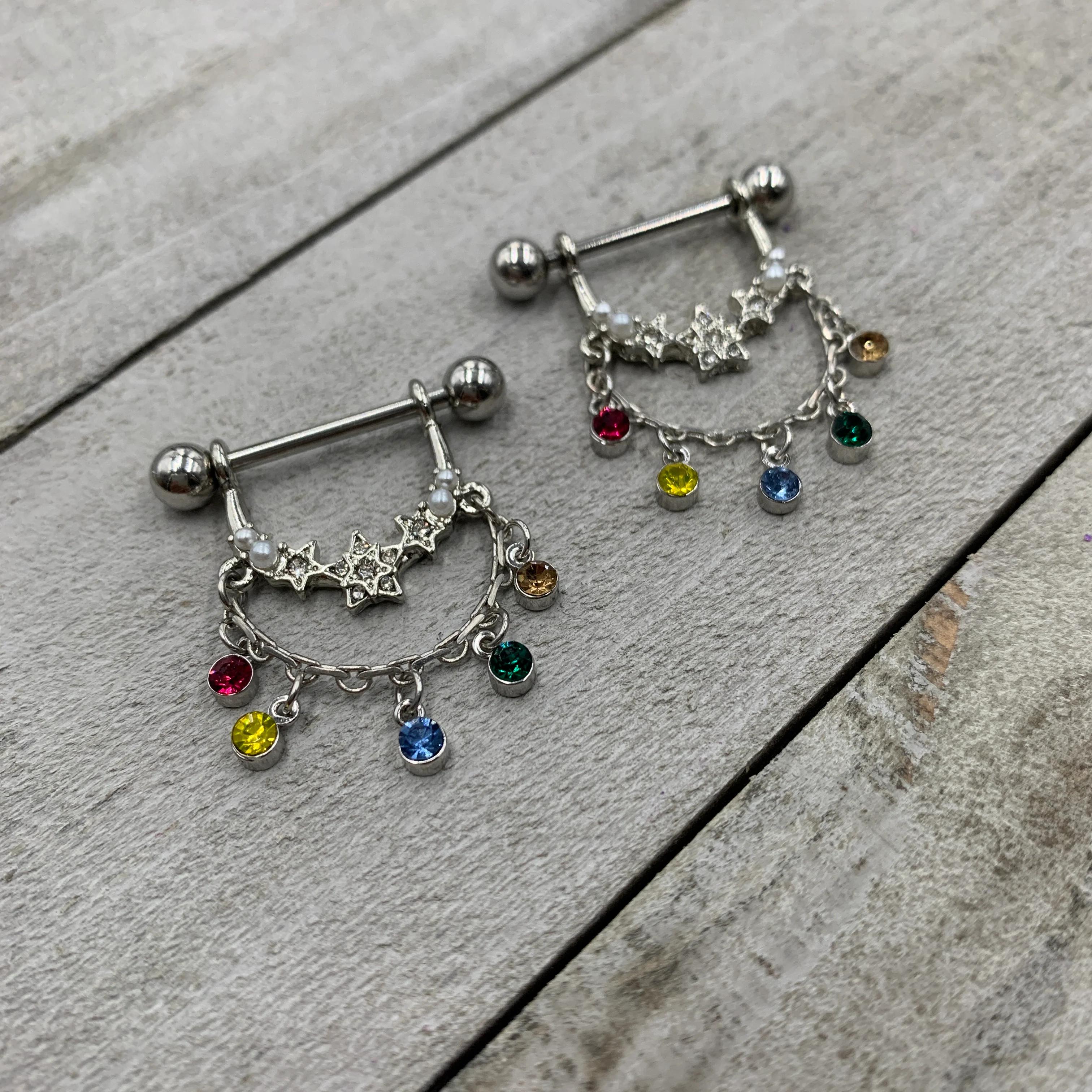 14G 9/16 Multicolor Gem Star Dangle Nipple Ring Set - Image 2