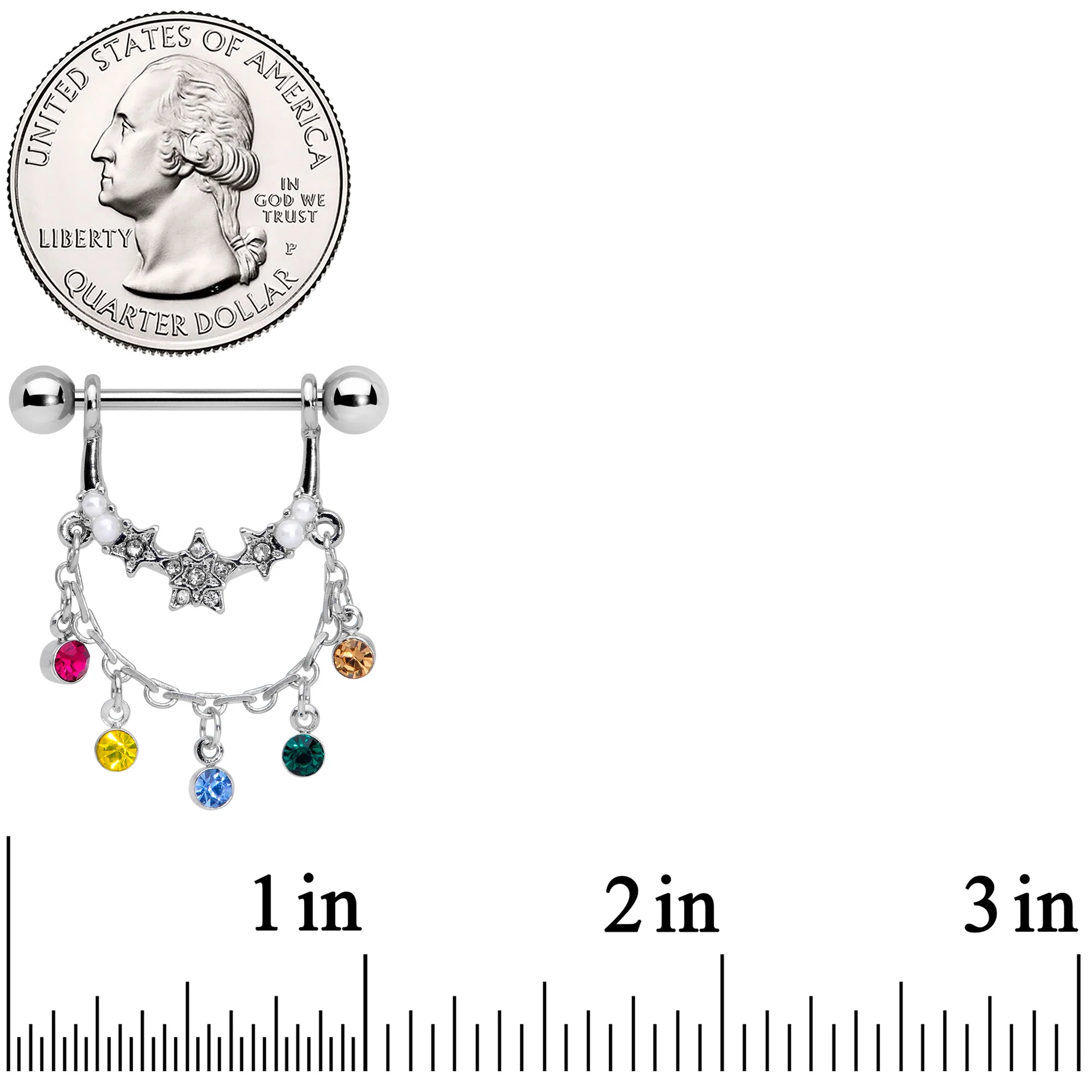14G 9/16 Multicolor Gem Star Dangle Nipple Ring Set - Image 3