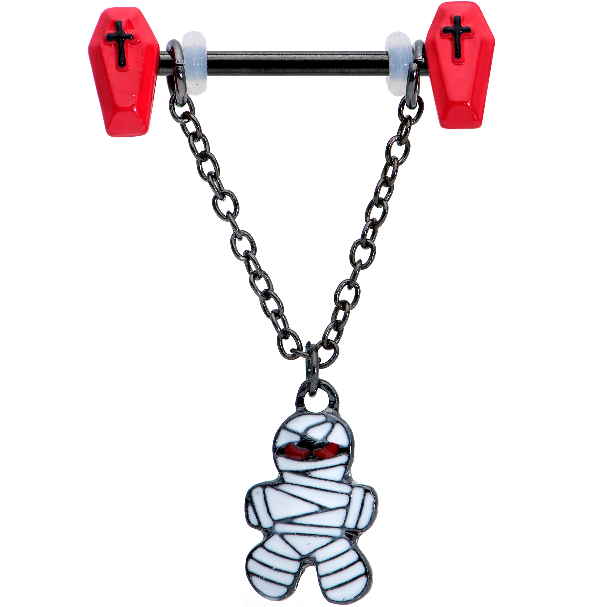 14G 9/16 Mummy Red Coffin Halloween Chain Dangle Nipple Ring Set - Image 2