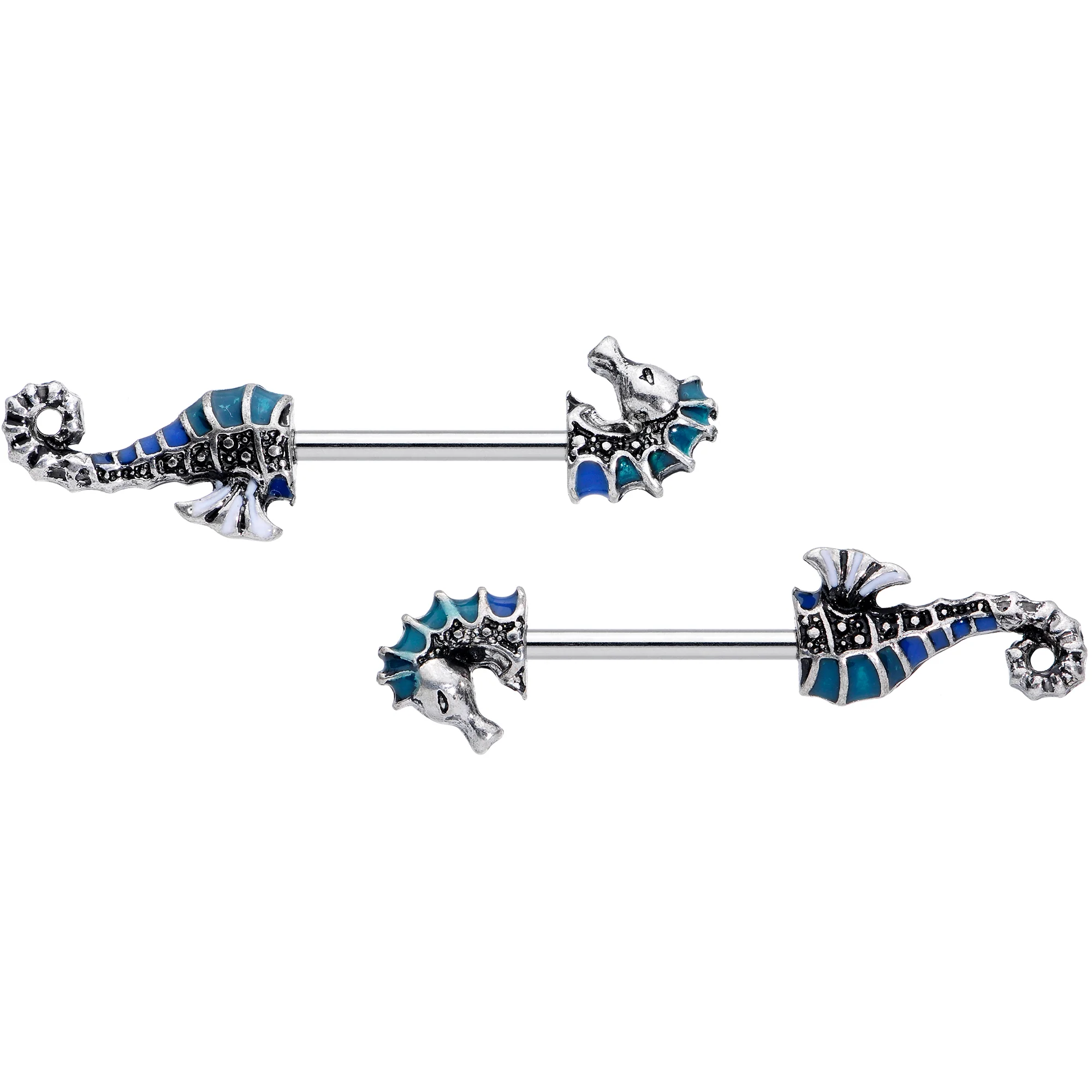 14G 9/16 Nautical Seahorse Barbell Nipple Ring Set