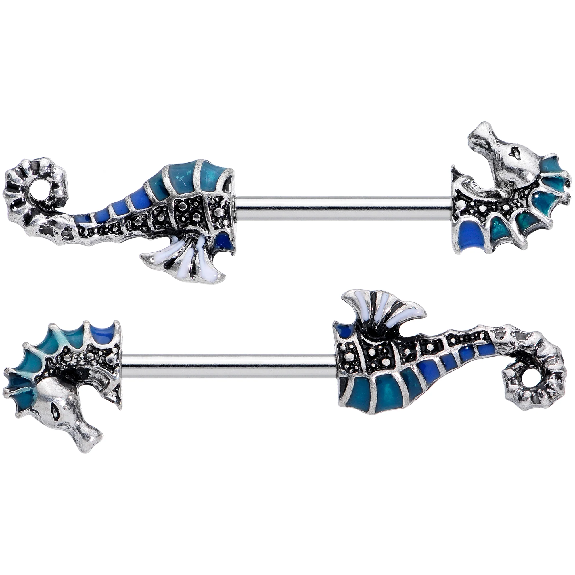14G 9/16 Nautical Seahorse Barbell Nipple Ring Set - Image 2