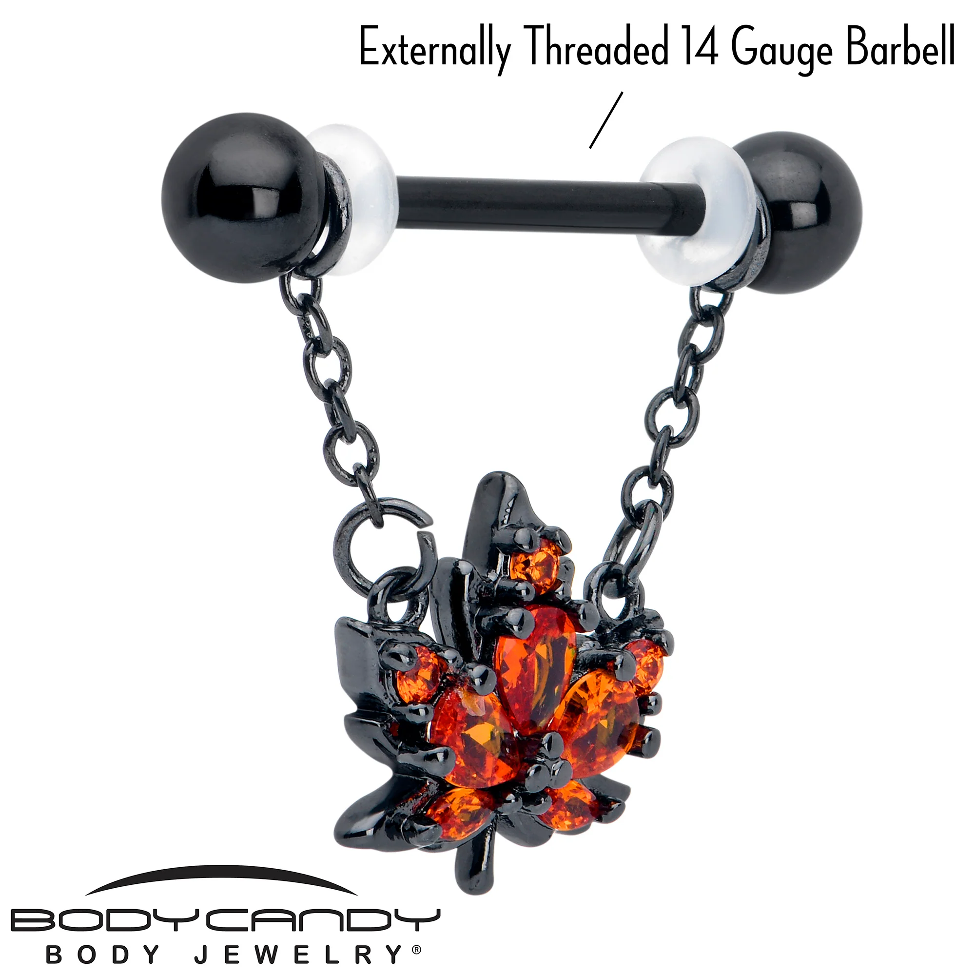 14G 9/16 Orange CZ Gem Black Autumn Leaf Dangle Nipple Ring Set - Image 3
