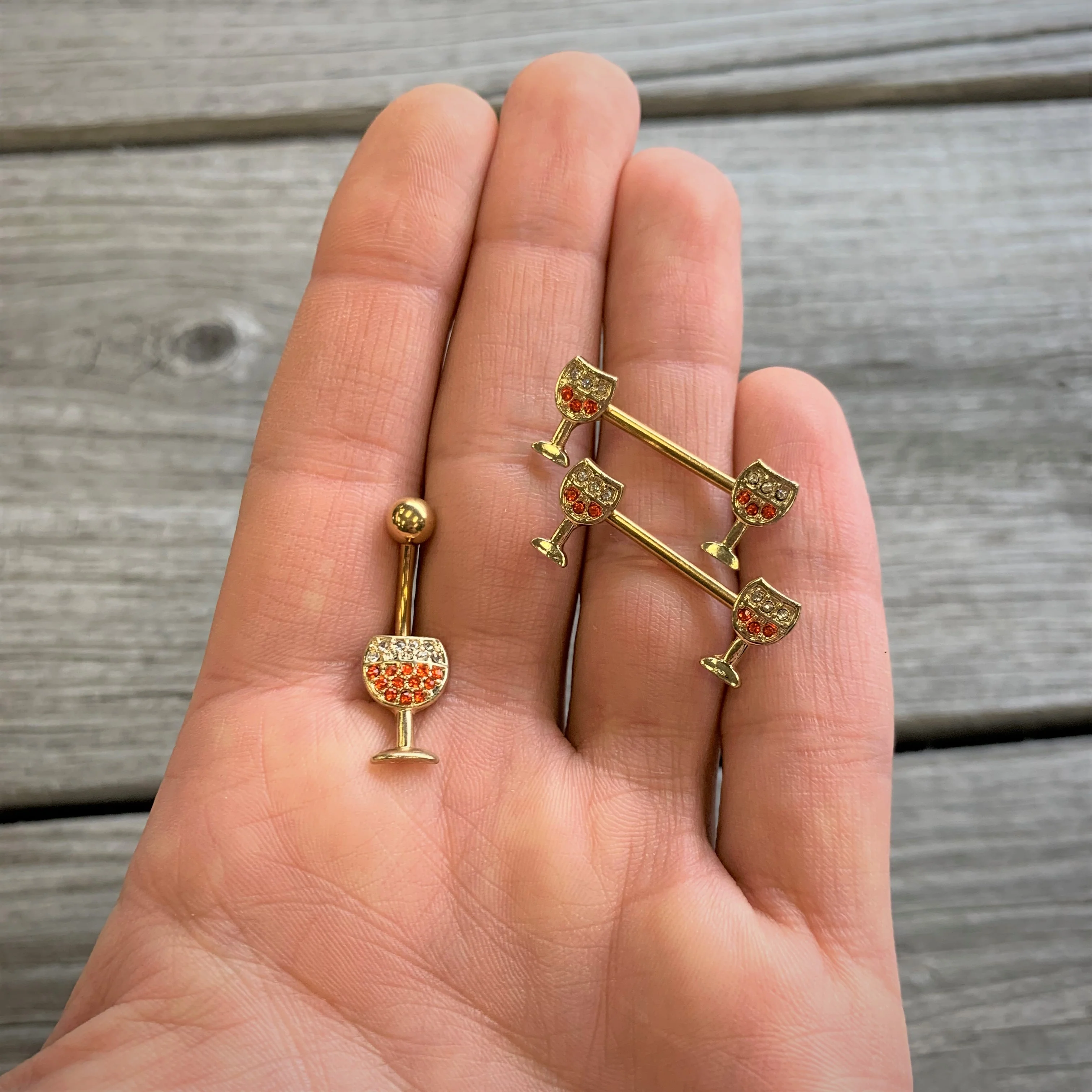 14G 9/16 Orange Gem Gold Tone Holiday Wine Nipple Ring Set - Image 3