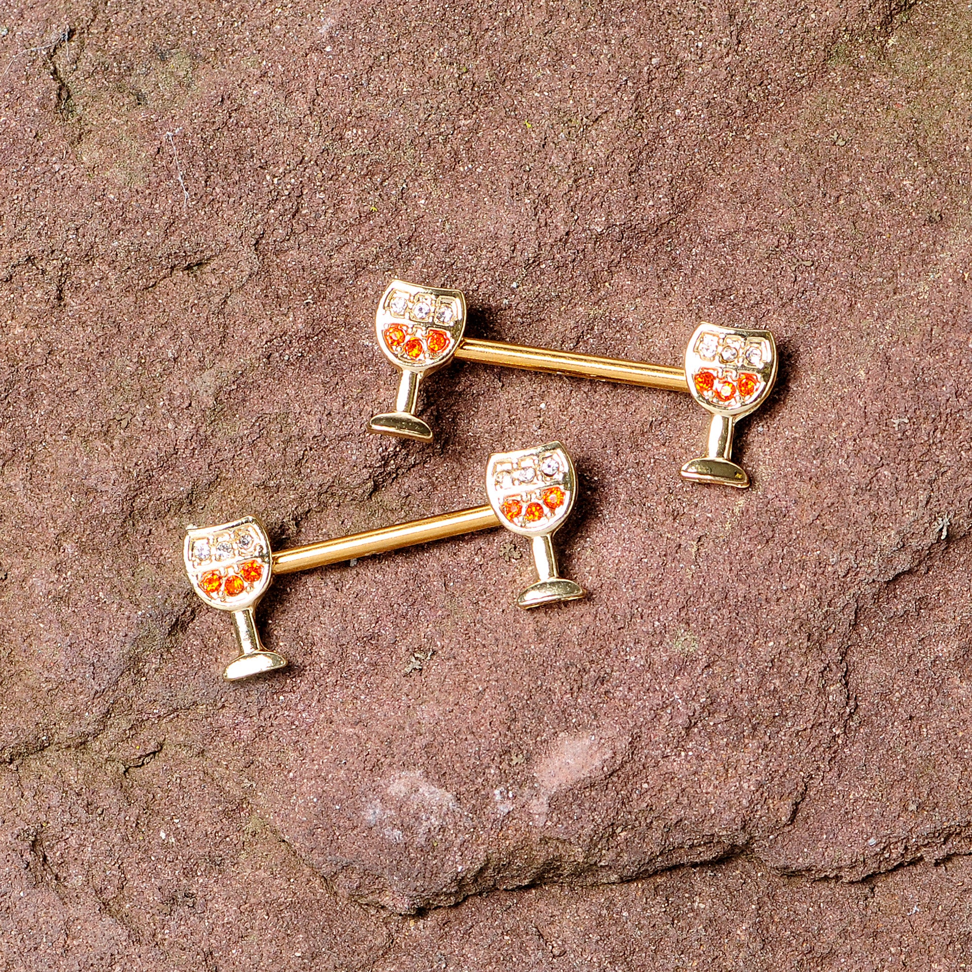 14G 9/16 Orange Gem Gold Tone Holiday Wine Nipple Ring Set - Image 4