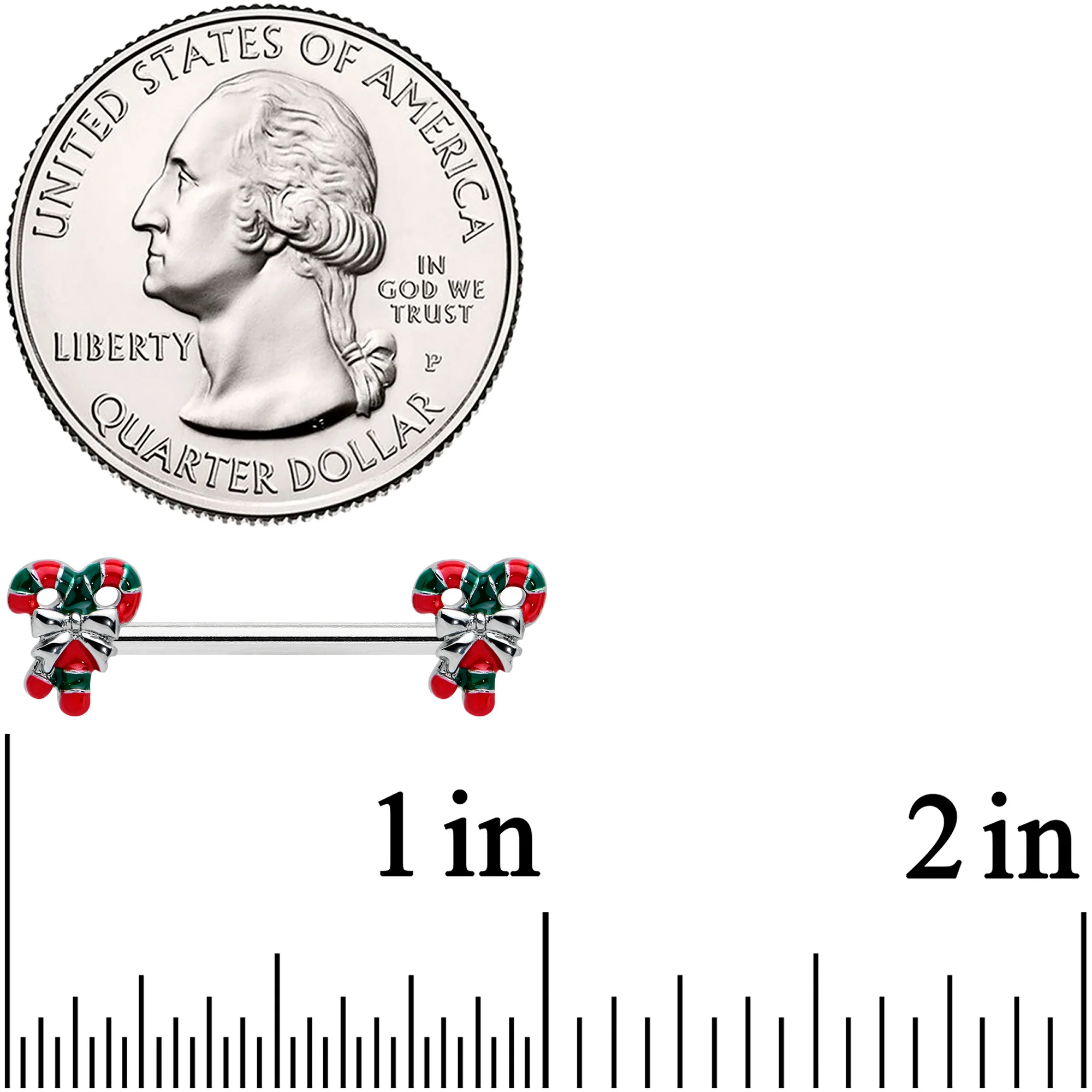 14G 9/16 Pair of Candy Canes Christmas Barbell Nipple Ring Set - Image 2