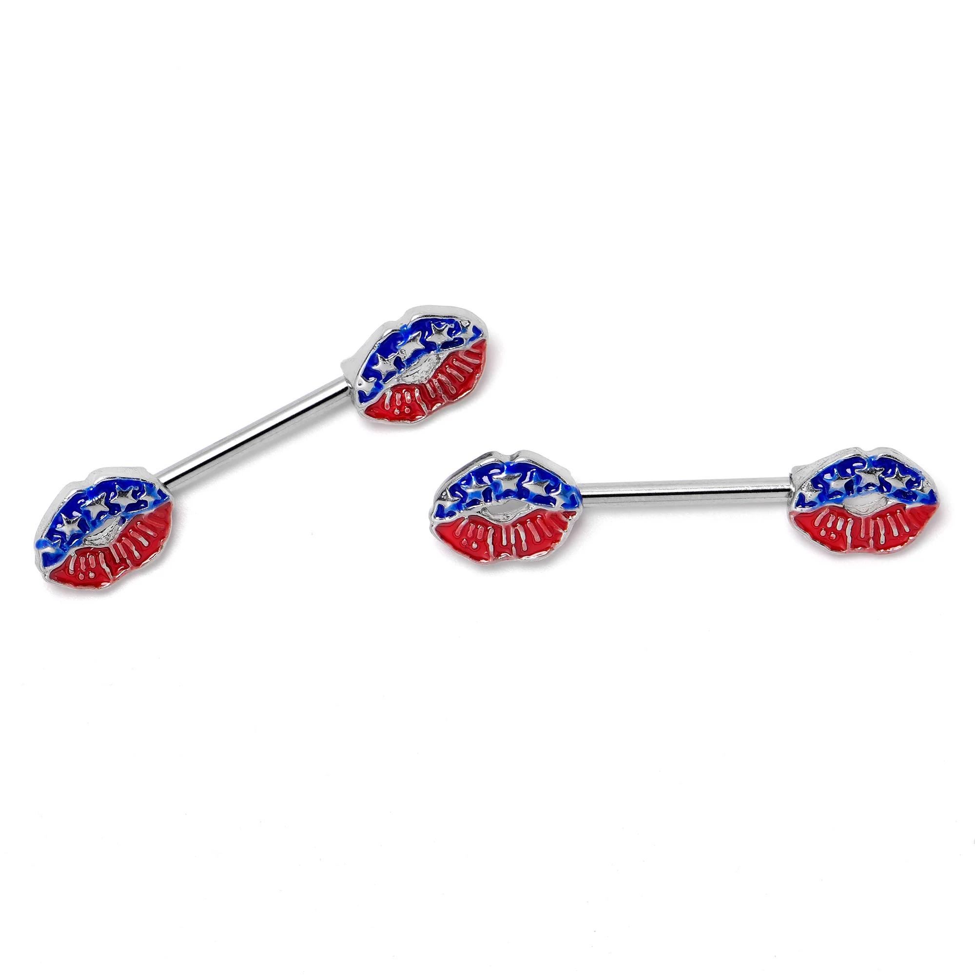 14G 9/16 Patriotic Kissy Lips Barbell Nipple Ring Set - Image 6