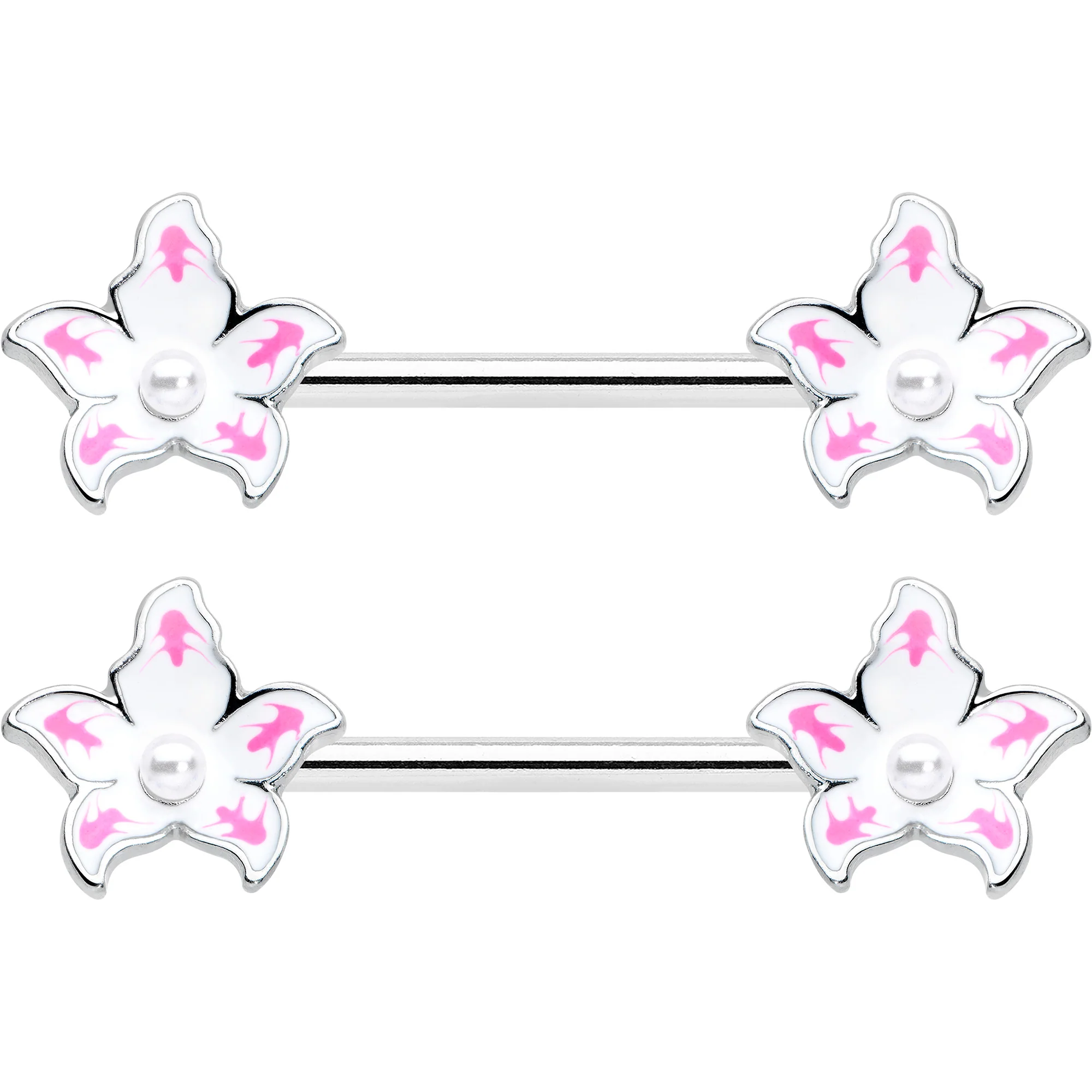 14G 9/16 Pearlescent Orb Pink White Flower Barbell Nipple Ring Set - Image 2