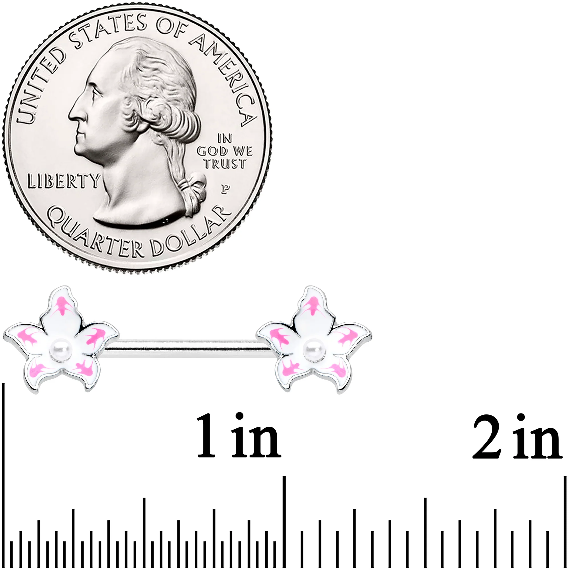 14G 9/16 Pearlescent Orb Pink White Flower Barbell Nipple Ring Set - Image 3