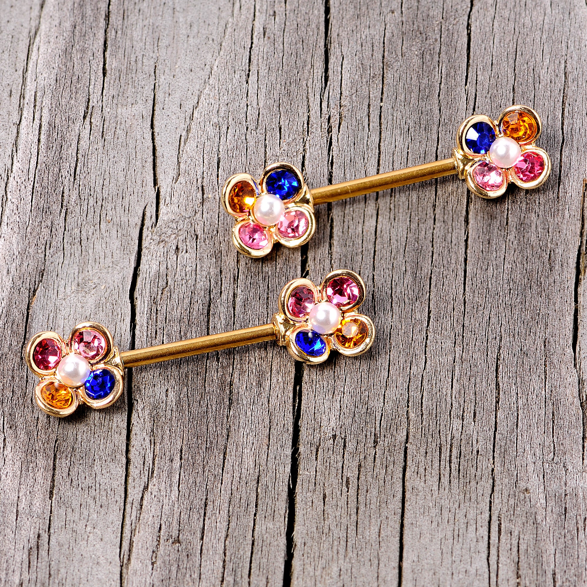 14G 9/16 Pink Blue Gem Gold Tone Flower Barbell Nipple Ring Set - Image 3