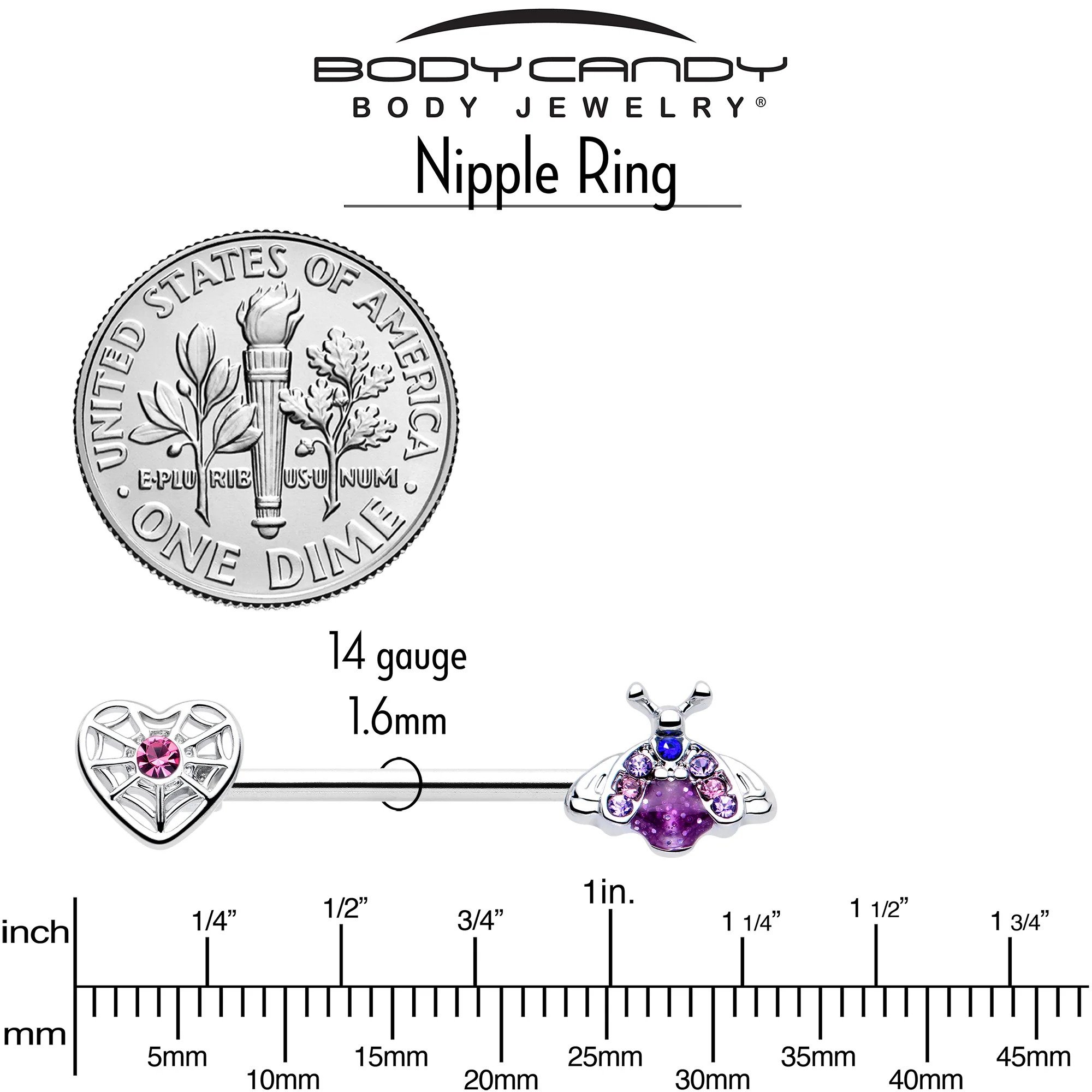 14G 9/16 Pink Blue Gem Spiderweb Heart Insect Barbell Nipple Ring Set - Image 5